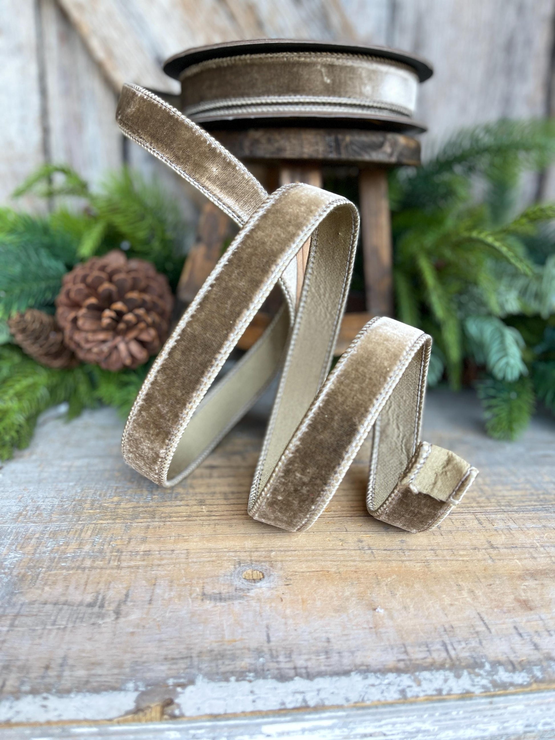 1” Mink Velvet Ribbon, Mocha Velvet ribbon, Christmas Ribbon, Wired Ribbon