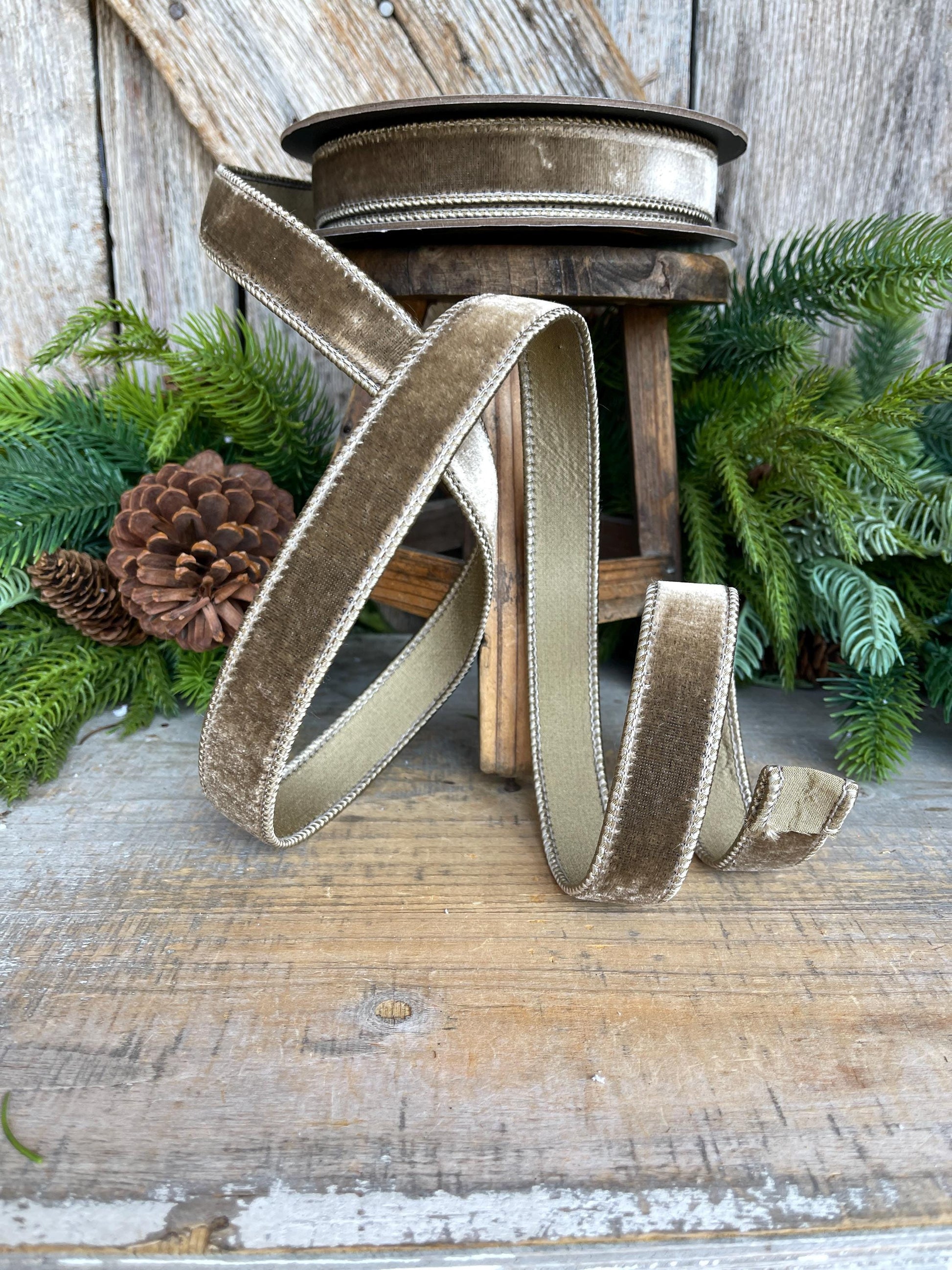 1” Mink Velvet Ribbon, Mocha Velvet ribbon, Christmas Ribbon, Wired Ribbon
