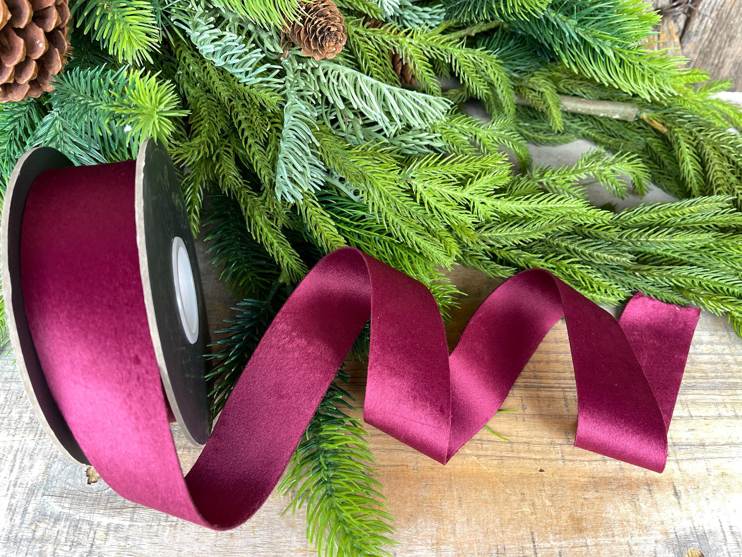1.5" Burgundy Velvet Ribbon, Double Faced Velvet Ribbon, Unwired Velvet Ribbon