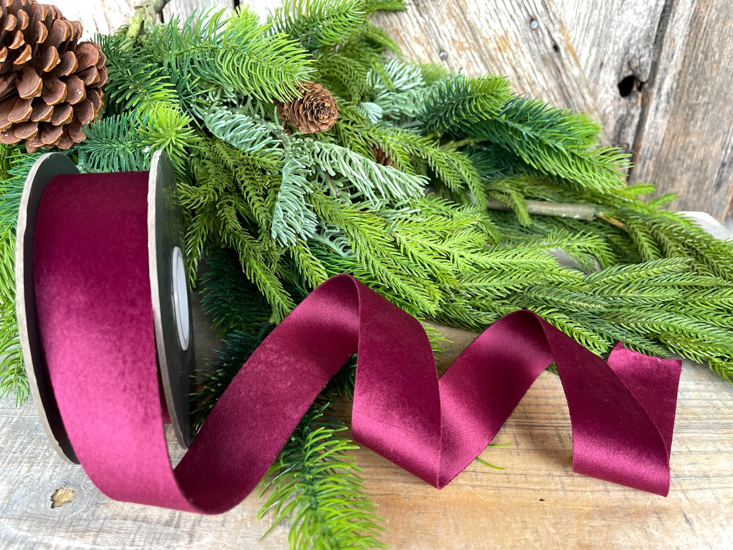 1.5" Burgundy Velvet Ribbon, Double Faced Velvet Ribbon, Unwired Velvet Ribbon