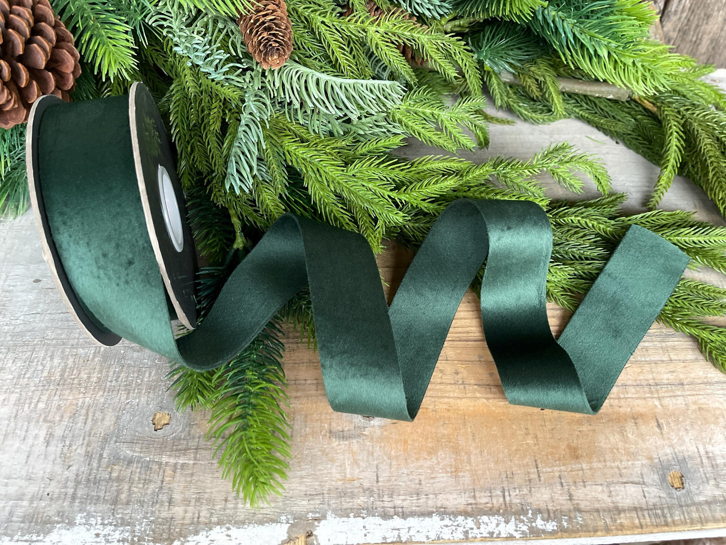 1.5" Forest Green Velvet Ribbon, Double Faced Velvet Ribbon, Unwired Velvet Ribbon