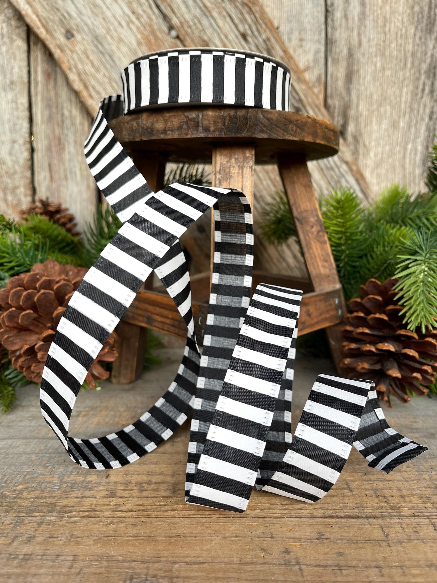 7/8" Black White Stripe Ribbon, Narrow Ribbon, Christmas Bow Ribbon