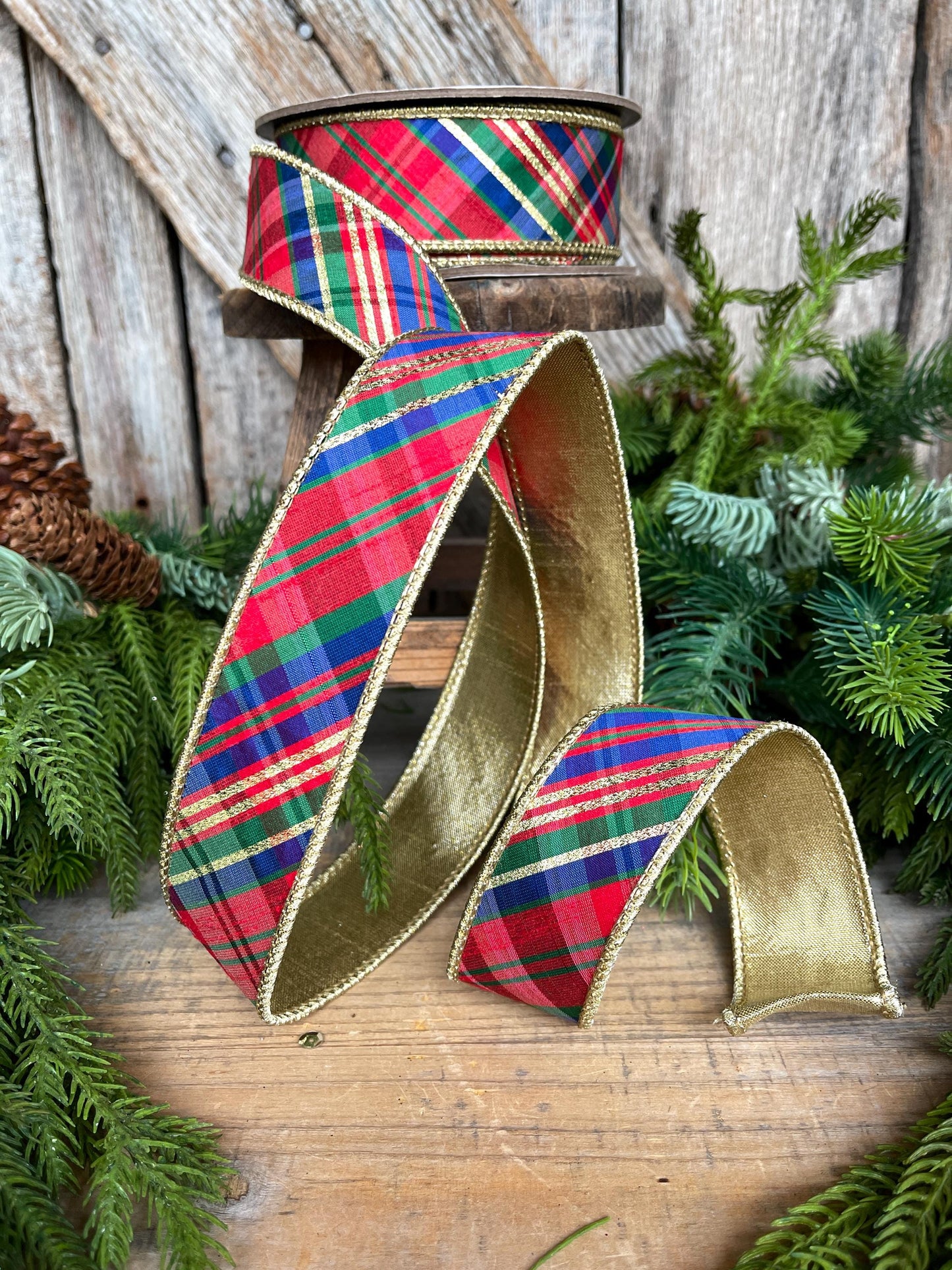1.5" Christmas Plaid Ribbon, Red Blue Plaid Ribbon, Tartan Plaid Ribbon, Yuletide Plaid Ribbon