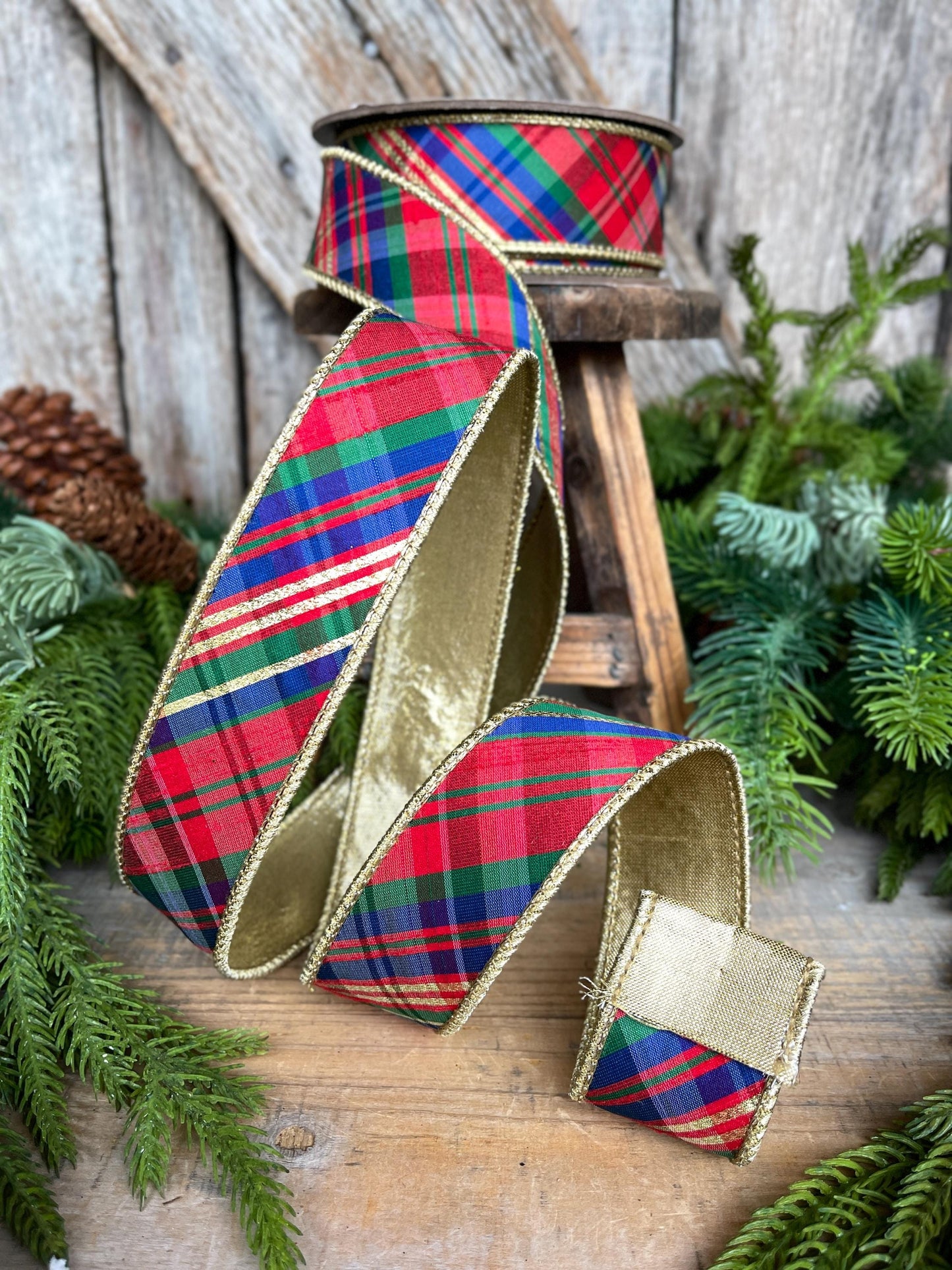 1.5" Christmas Plaid Ribbon, Red Blue Plaid Ribbon, Tartan Plaid Ribbon, Yuletide Plaid Ribbon