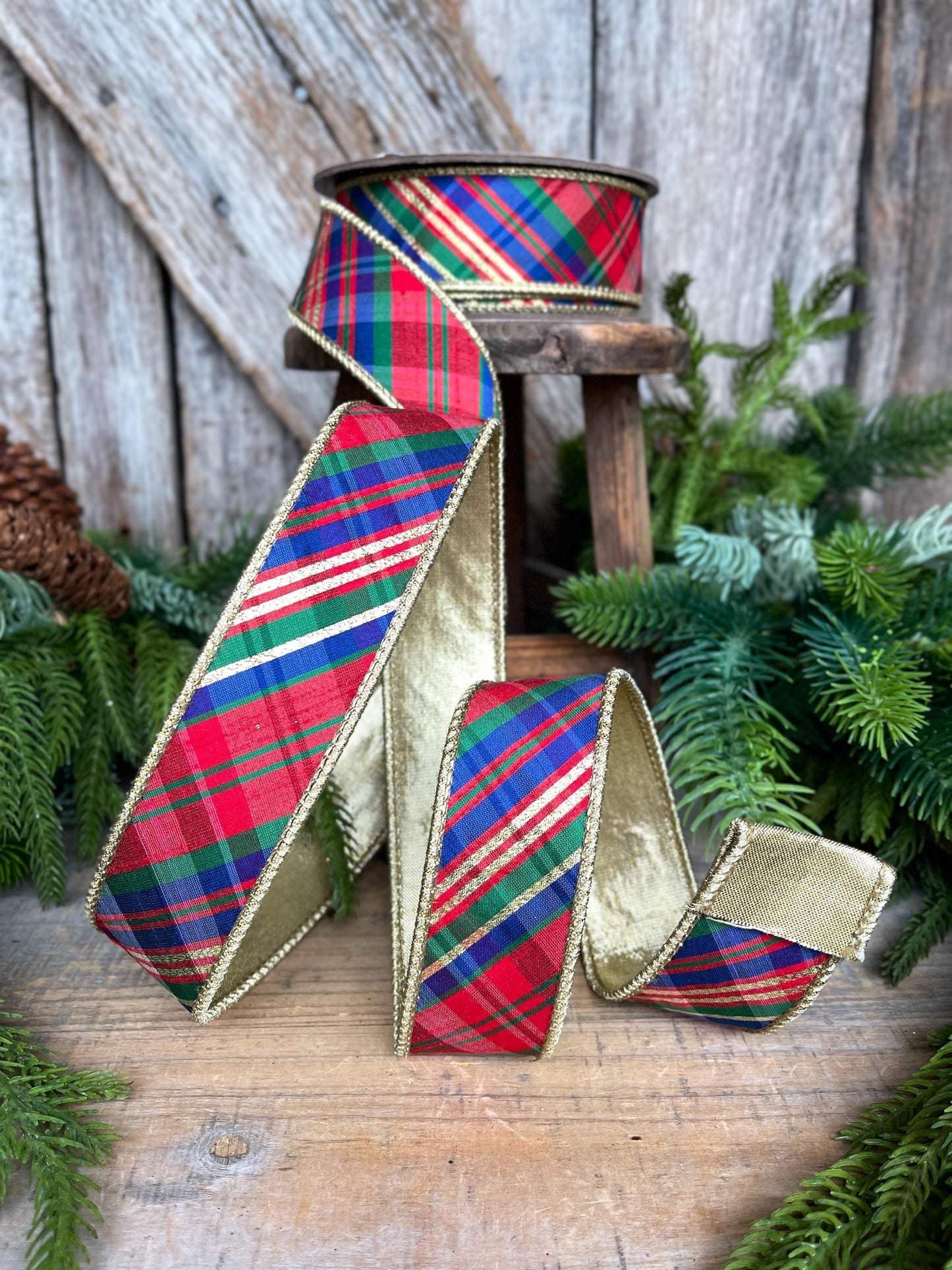 1.5" Christmas Plaid Ribbon, Red Blue Plaid Ribbon, Tartan Plaid Ribbon, Yuletide Plaid Ribbon
