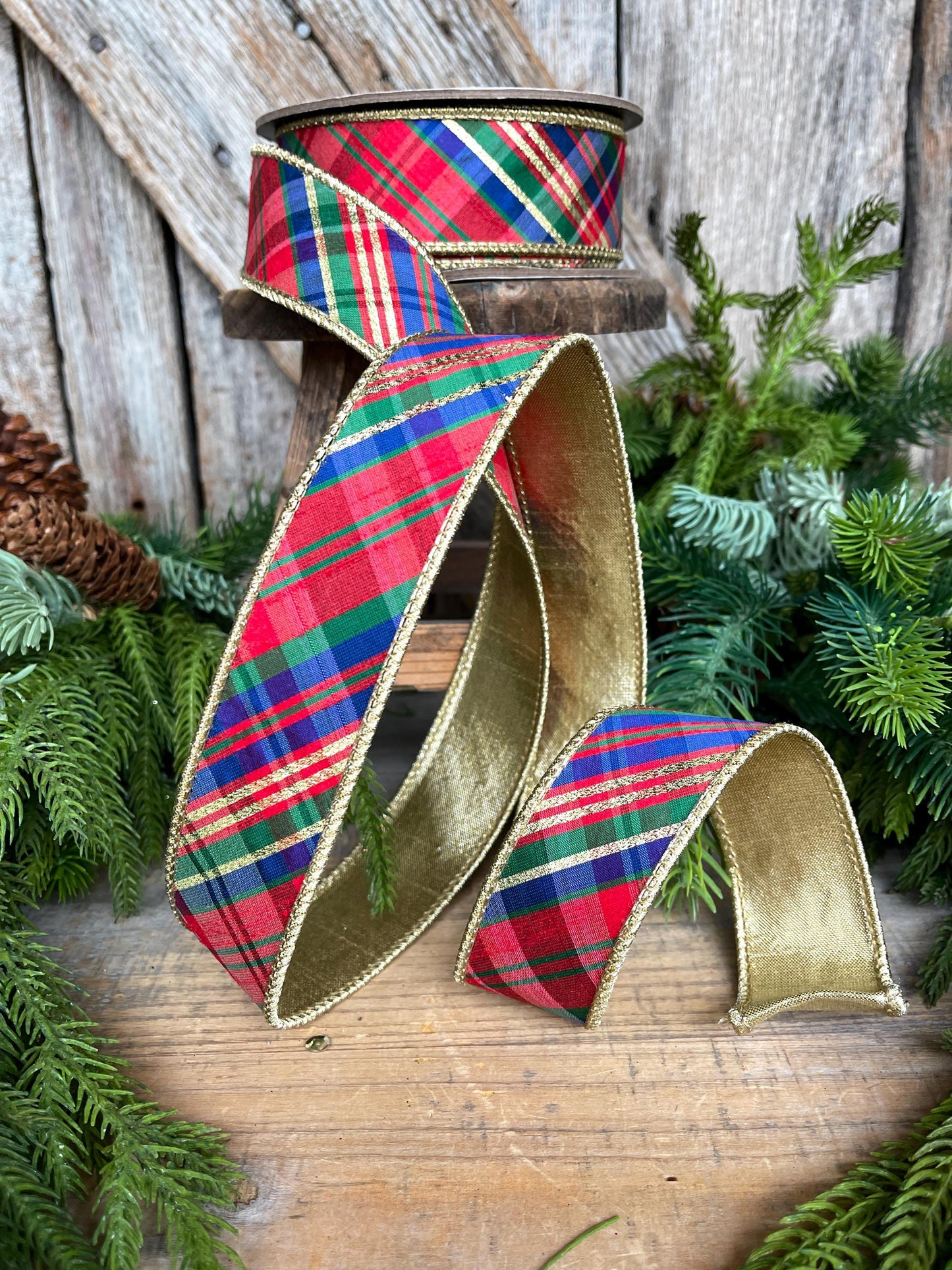 1.5" Christmas Plaid Ribbon, Red Blue Plaid Ribbon, Tartan Plaid Ribbon, Yuletide Plaid Ribbon