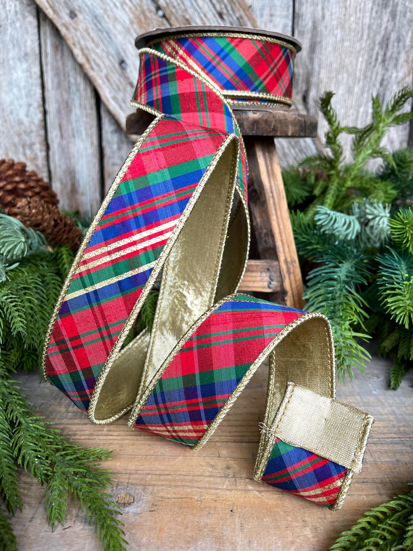 1.5" Christmas Plaid Ribbon, Red Blue Plaid Ribbon, Tartan Plaid Ribbon, Yuletide Plaid Ribbon