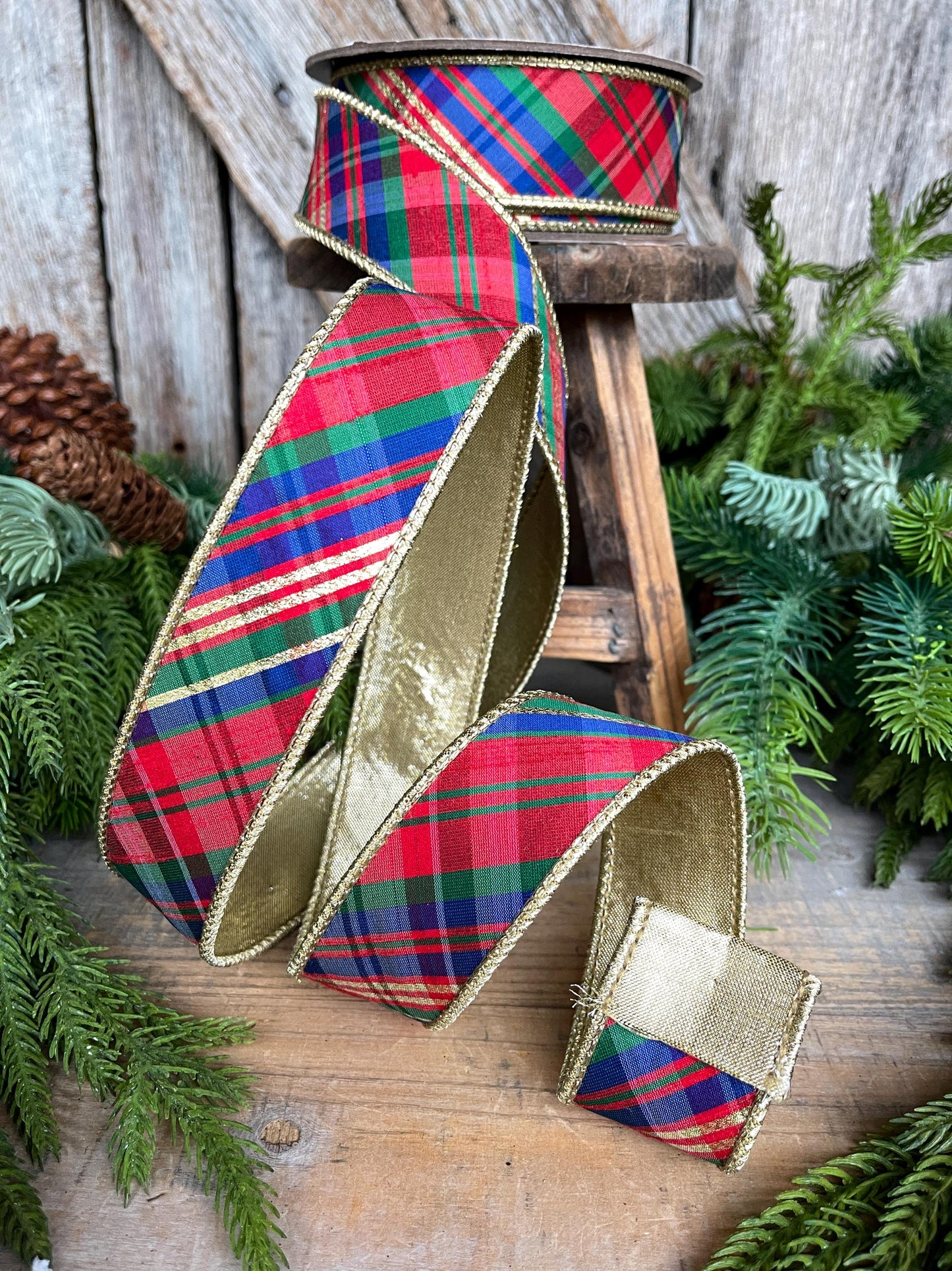 1.5" Christmas Plaid Ribbon, Red Blue Plaid Ribbon, Tartan Plaid Ribbon, Yuletide Plaid Ribbon