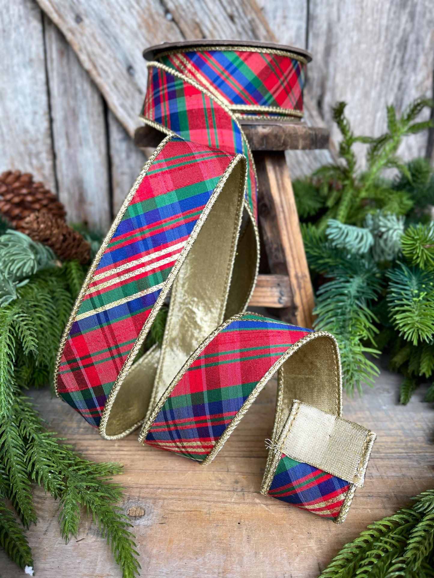 1.5" Christmas Plaid Ribbon, Red Blue Plaid Ribbon, Tartan Plaid Ribbon, Yuletide Plaid Ribbon