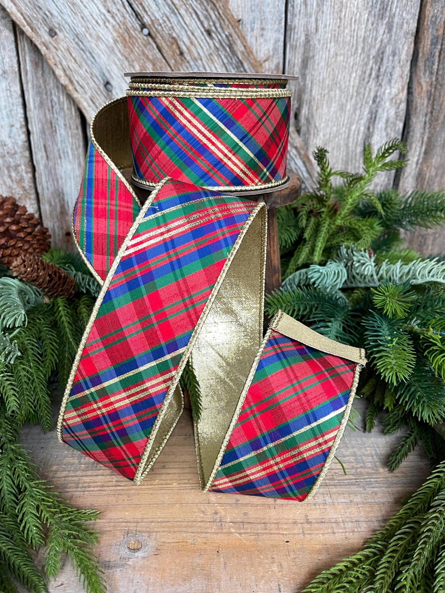 2.5" Christmas Plaid Ribbon, Red Blue Plaid Ribbon, Tartan Plaid Ribbon, Yuletide Plaid Ribbon
