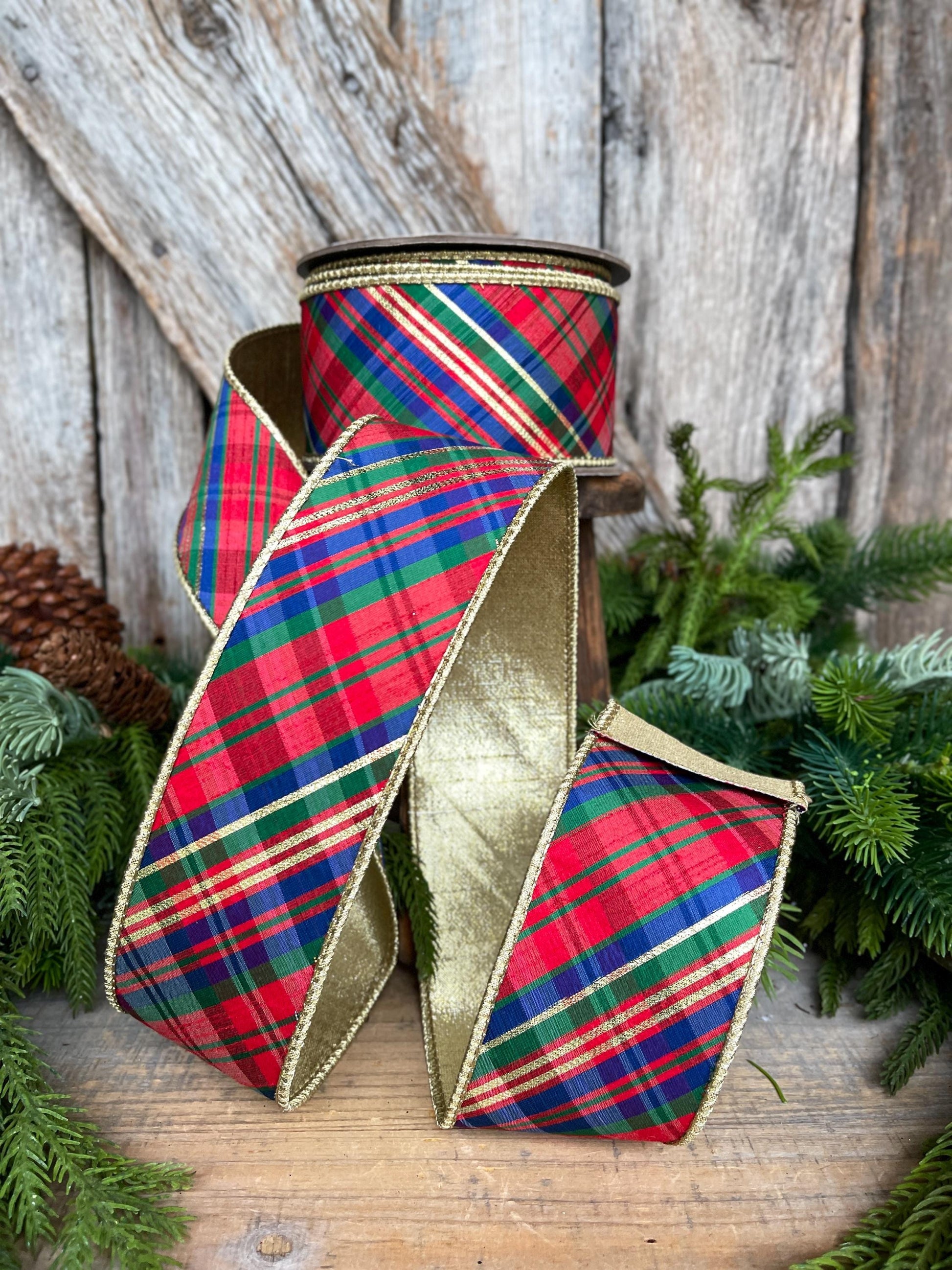 2.5" Christmas Plaid Ribbon, Red Blue Plaid Ribbon, Tartan Plaid Ribbon, Yuletide Plaid Ribbon