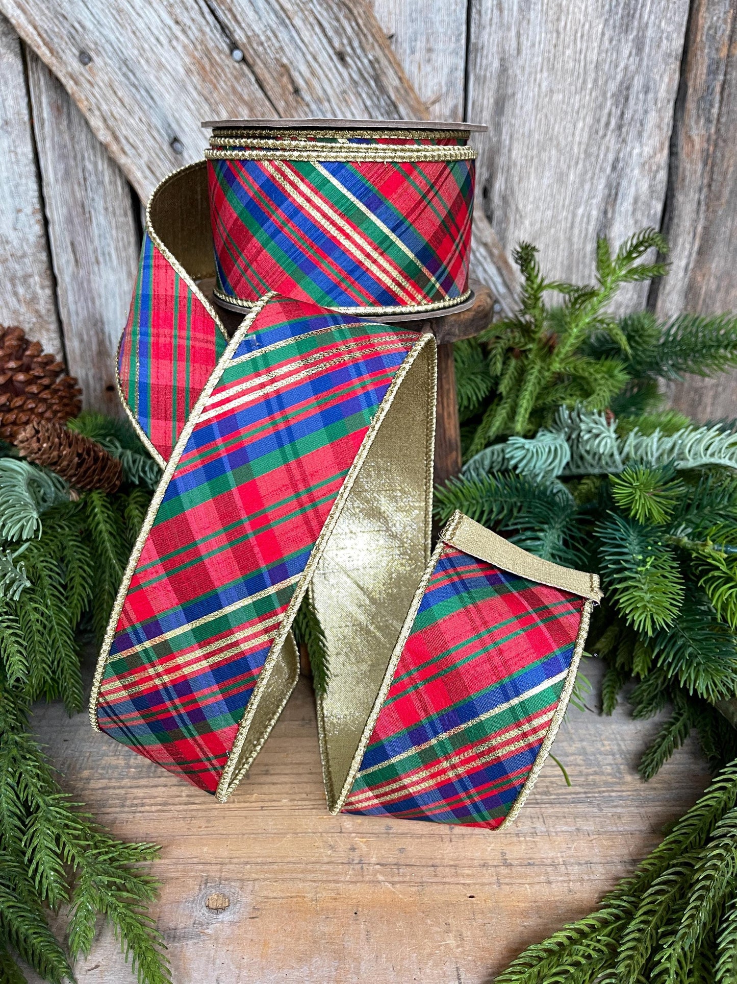 2.5" Christmas Plaid Ribbon, Red Blue Plaid Ribbon, Tartan Plaid Ribbon, Yuletide Plaid Ribbon
