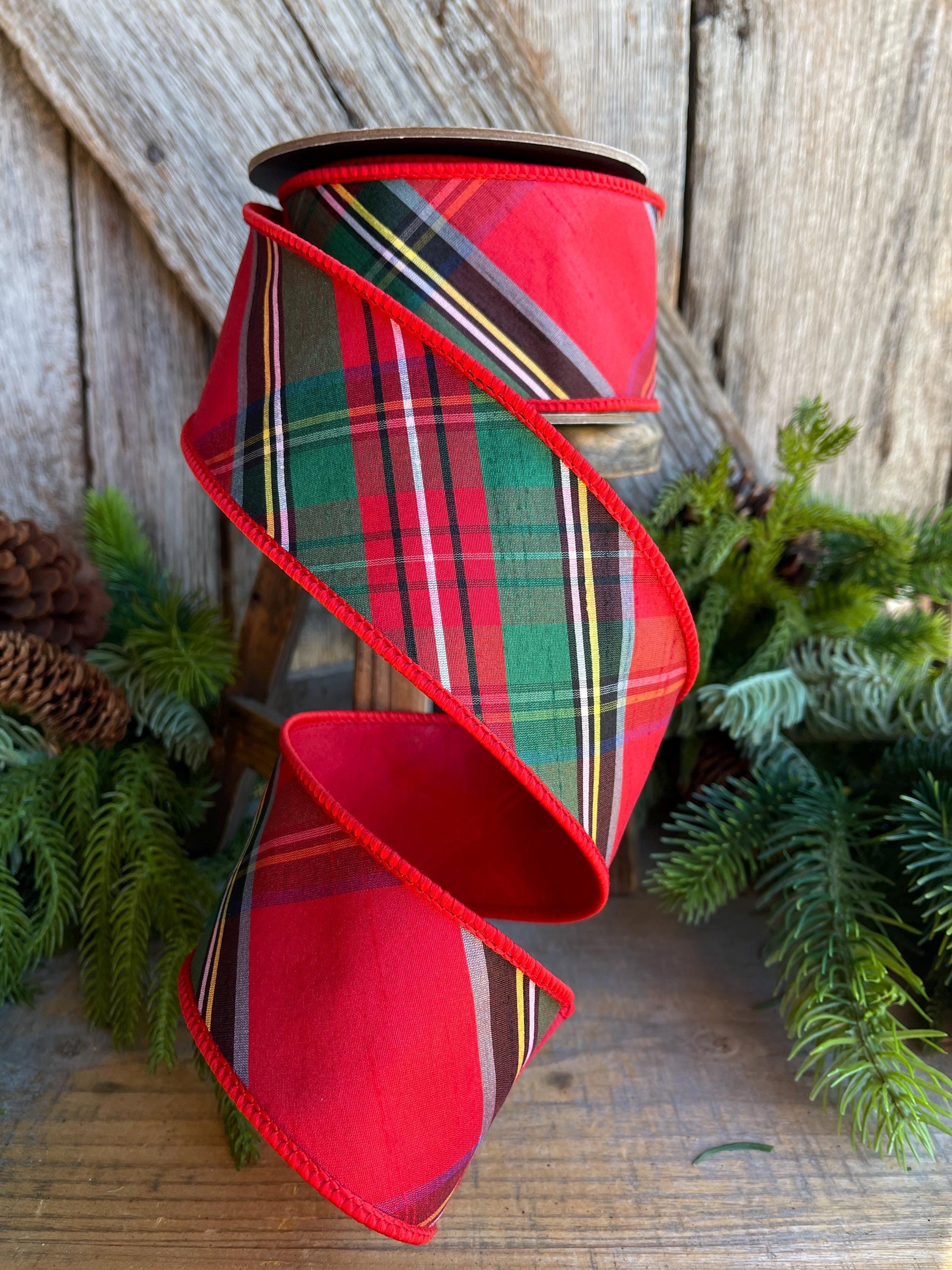 2.5" Traditional CHristmas Plaid, Wired Ribbon, Red Blue Chirstmas Plaid RIbbon, RIbbon for Treee, Christmas Plaid
