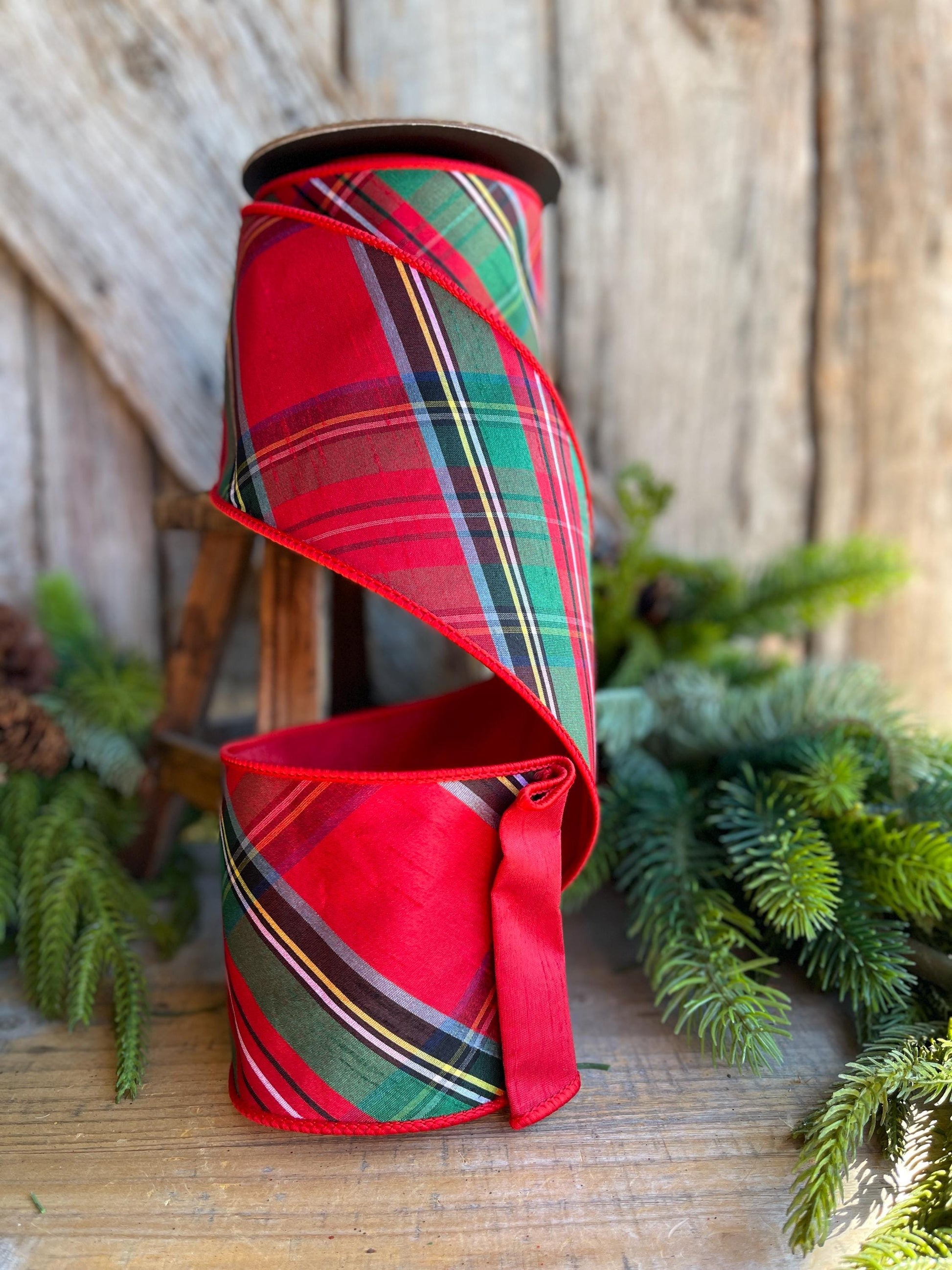 4" Traditional CHristmas Plaid, Wired Ribbon, Red Blue Chirstmas Plaid RIbbon, RIbbon for Treee, Christmas Plaid