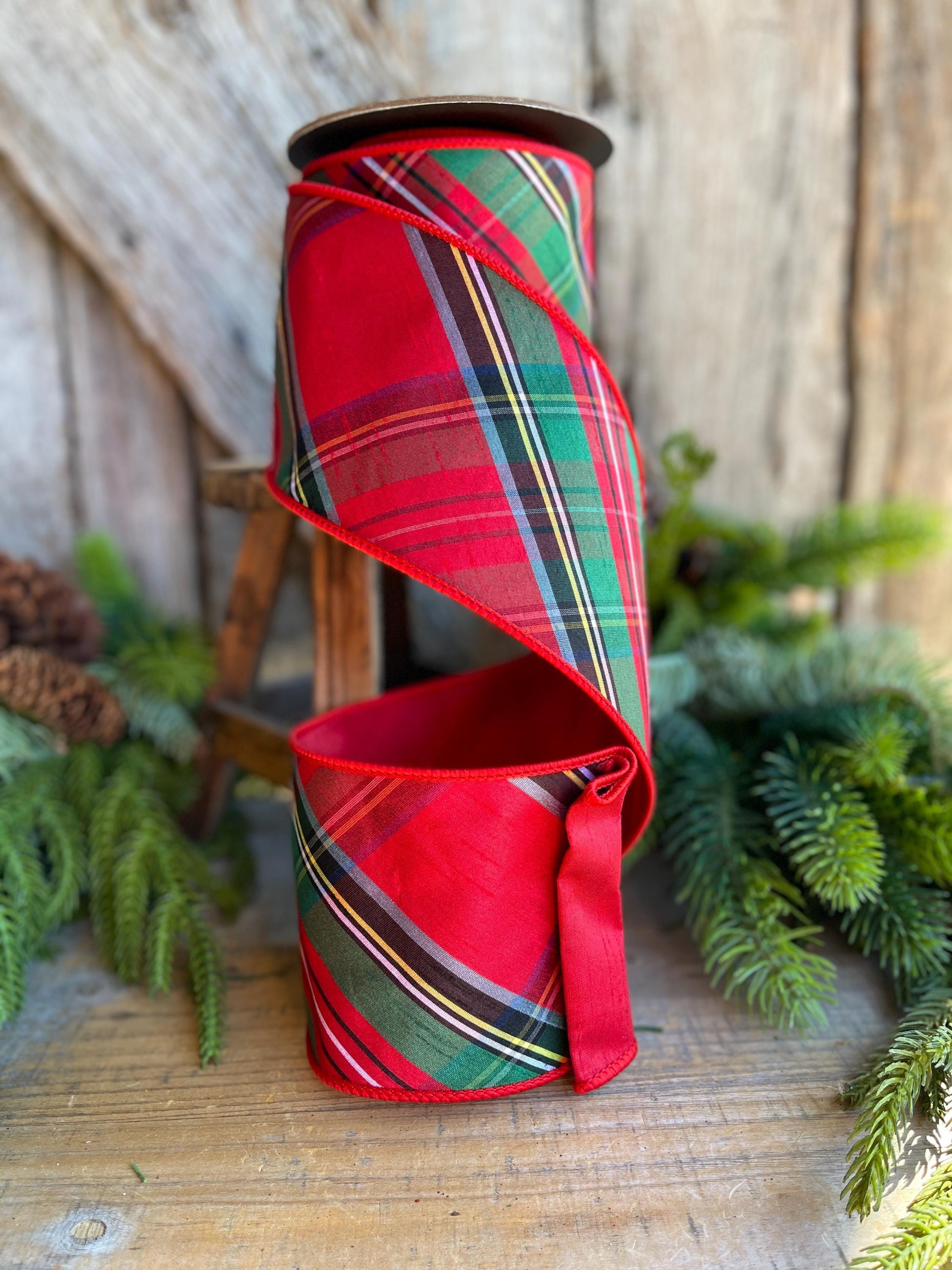 4" Traditional CHristmas Plaid, Wired Ribbon, Red Blue Chirstmas Plaid RIbbon, RIbbon for Treee, Christmas Plaid