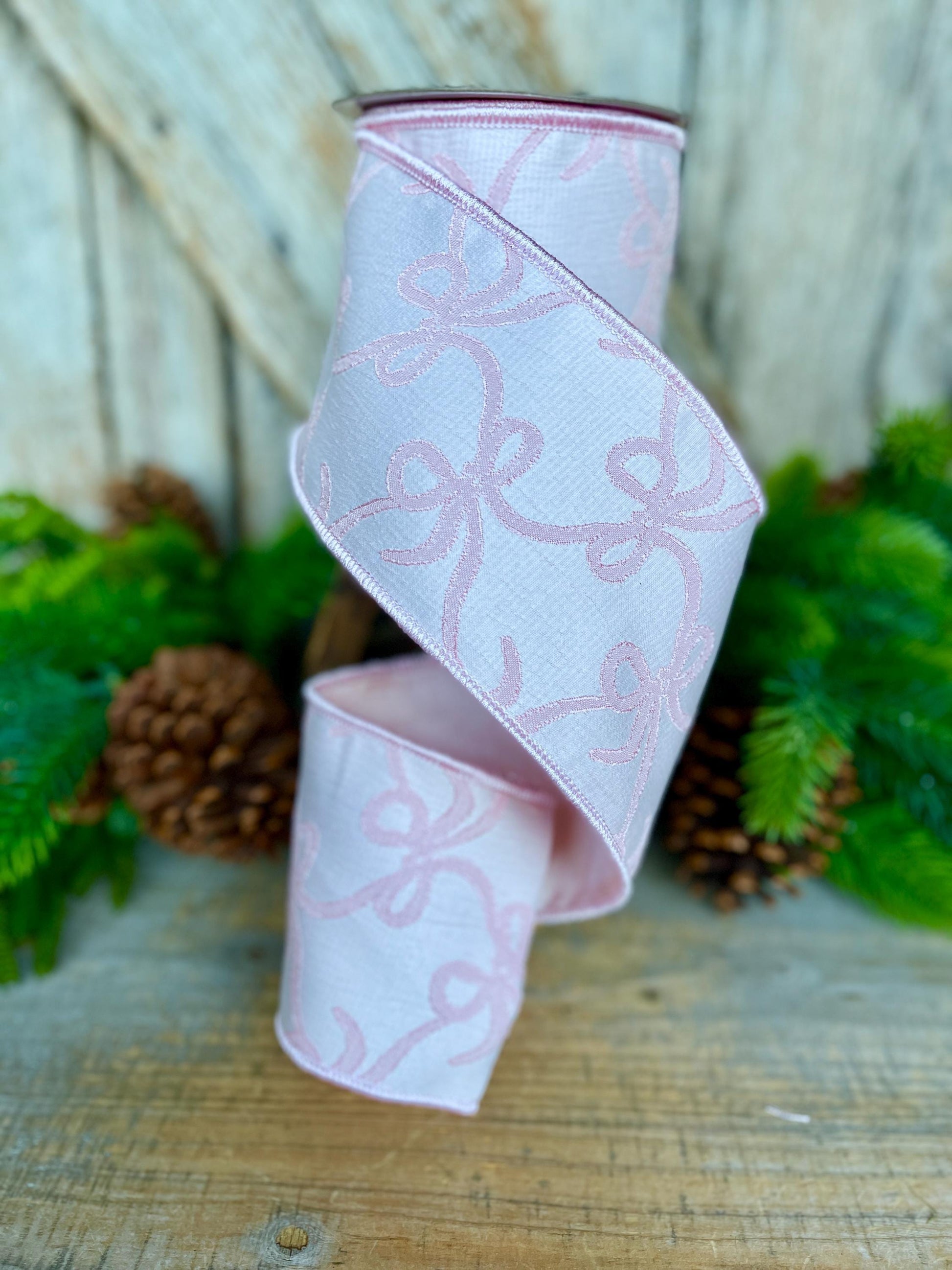 4" Pink Embroidered Bow Ribbon, Farrisilk Ribbon, Pink Bow Coquette Ribbon, Christmas Tree Ribbon