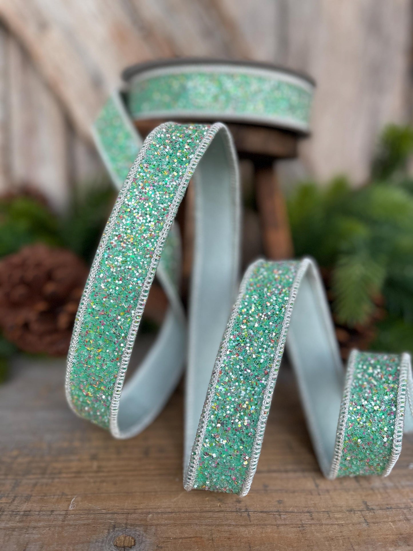 1" Mint Green Glitter Ribbon, Farrisilk Ribbon, Spearmint Glitter Ribbon, Christmas Tree Ribbon