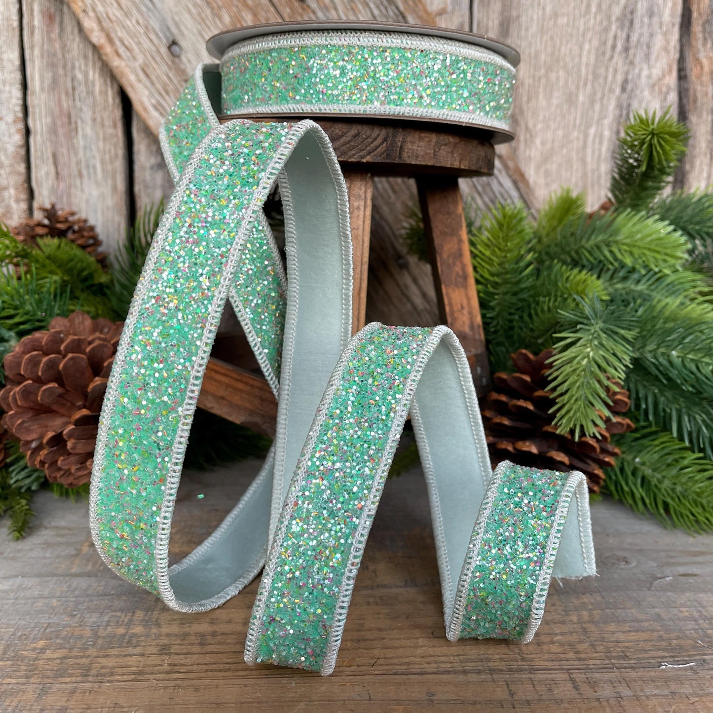 1" Mint Green Glitter Ribbon, Farrisilk Ribbon, Spearmint Glitter Ribbon, Christmas Tree Ribbon