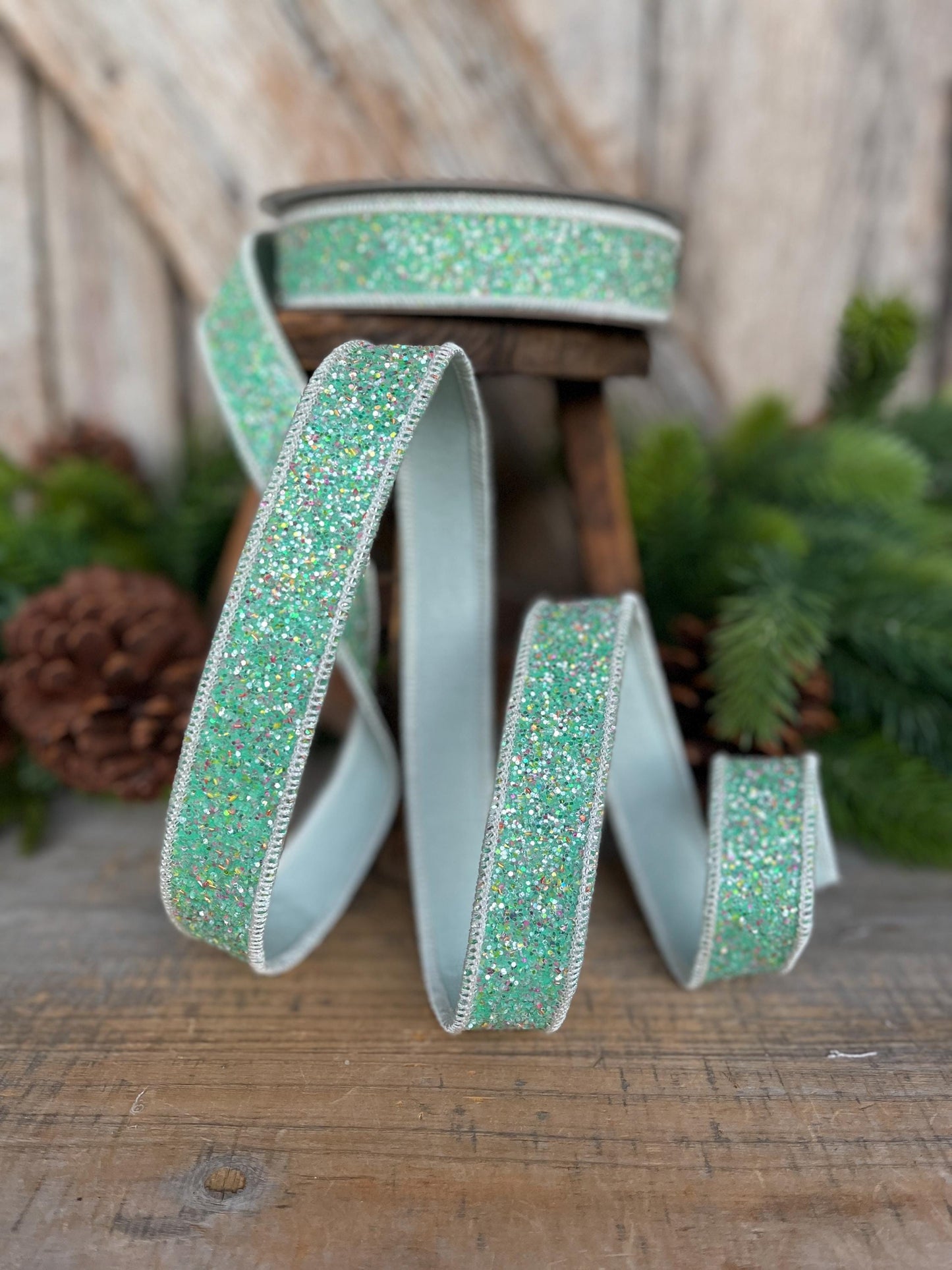 1" Mint Green Glitter Ribbon, Farrisilk Ribbon, Spearmint Glitter Ribbon, Christmas Tree Ribbon