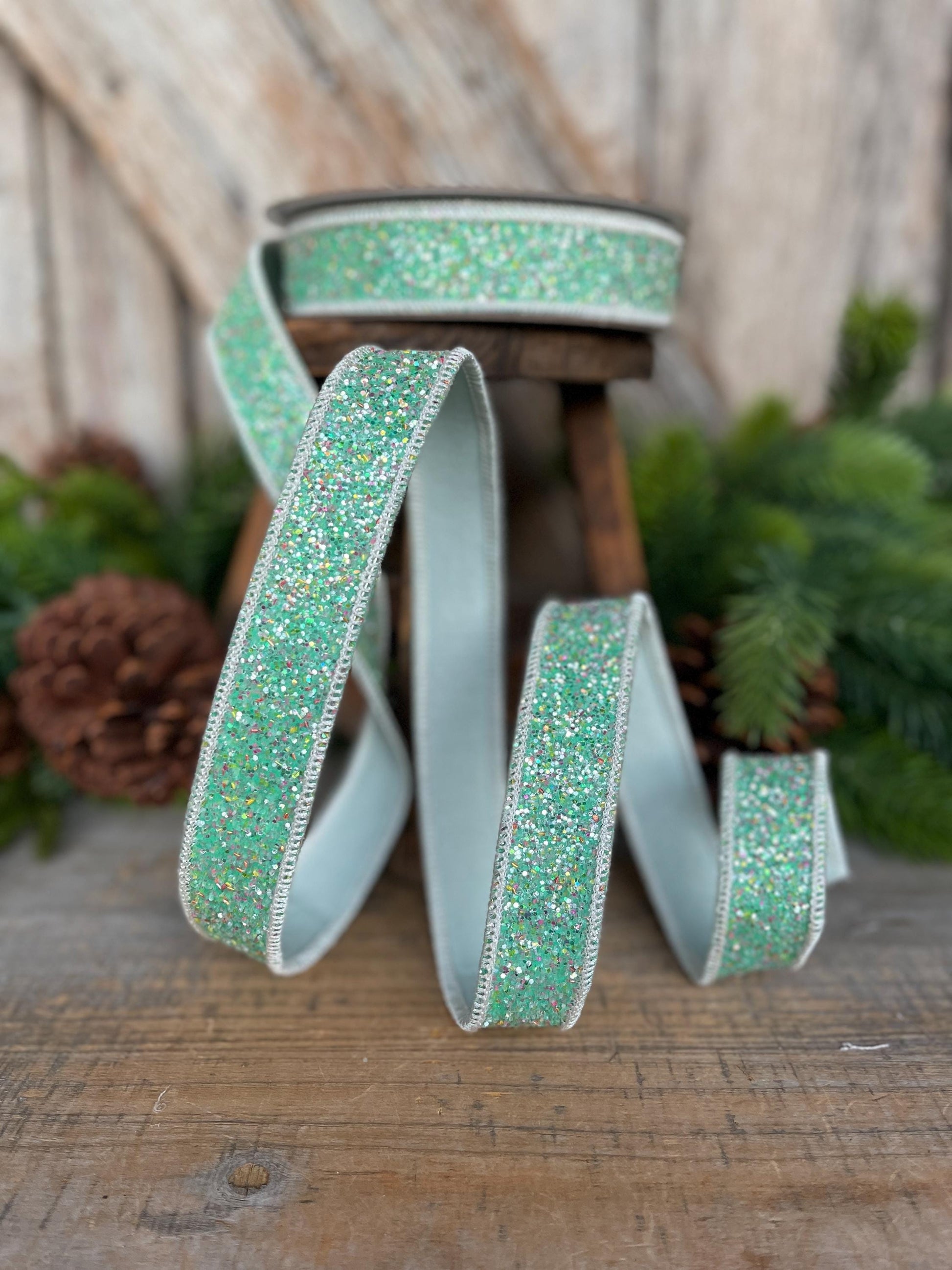 1" Mint Green Glitter Ribbon, Farrisilk Ribbon, Spearmint Glitter Ribbon, Christmas Tree Ribbon
