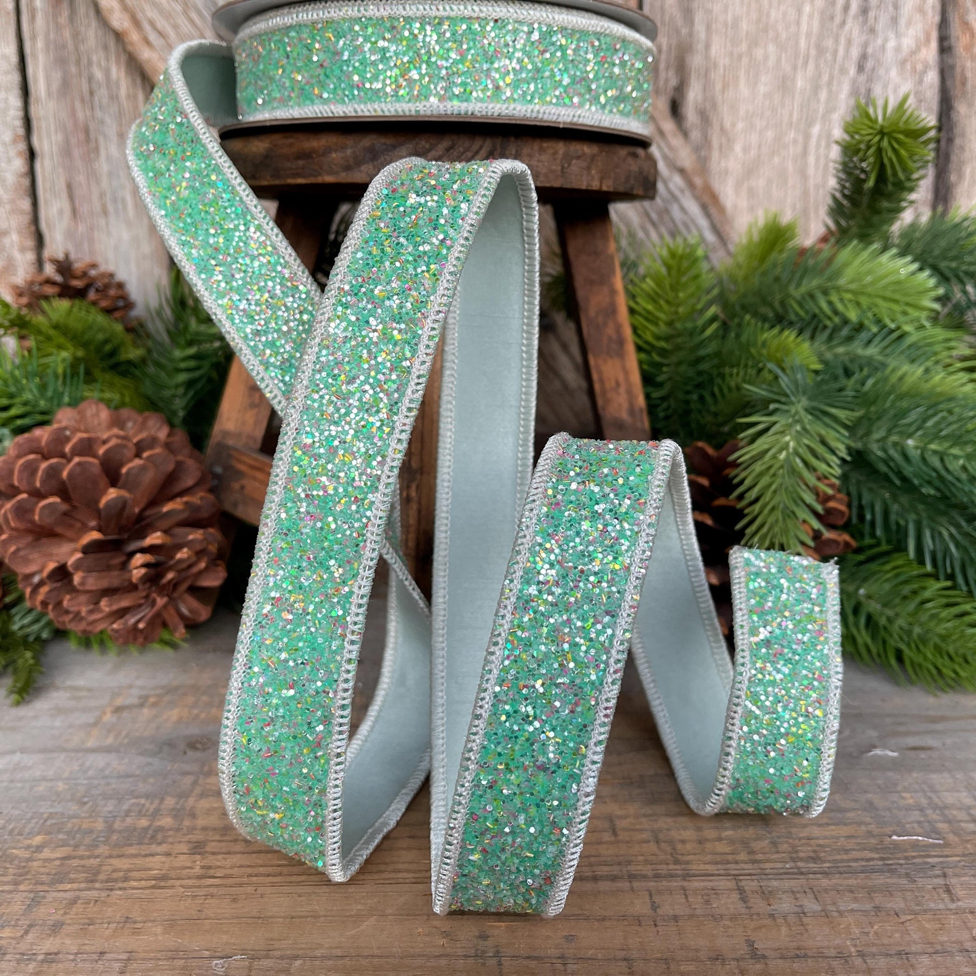 1" Mint Green Glitter Ribbon, Farrisilk Ribbon, Spearmint Glitter Ribbon, Christmas Tree Ribbon