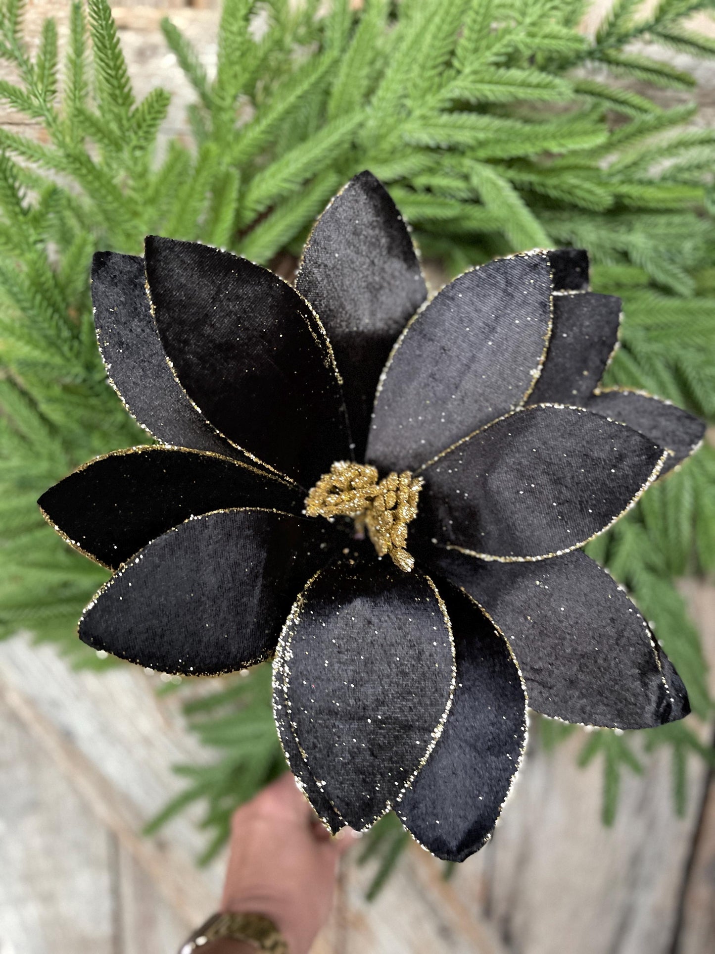 22" Black Velvet Poinsettia Stem, Christmas Floral Stem, Black Florals