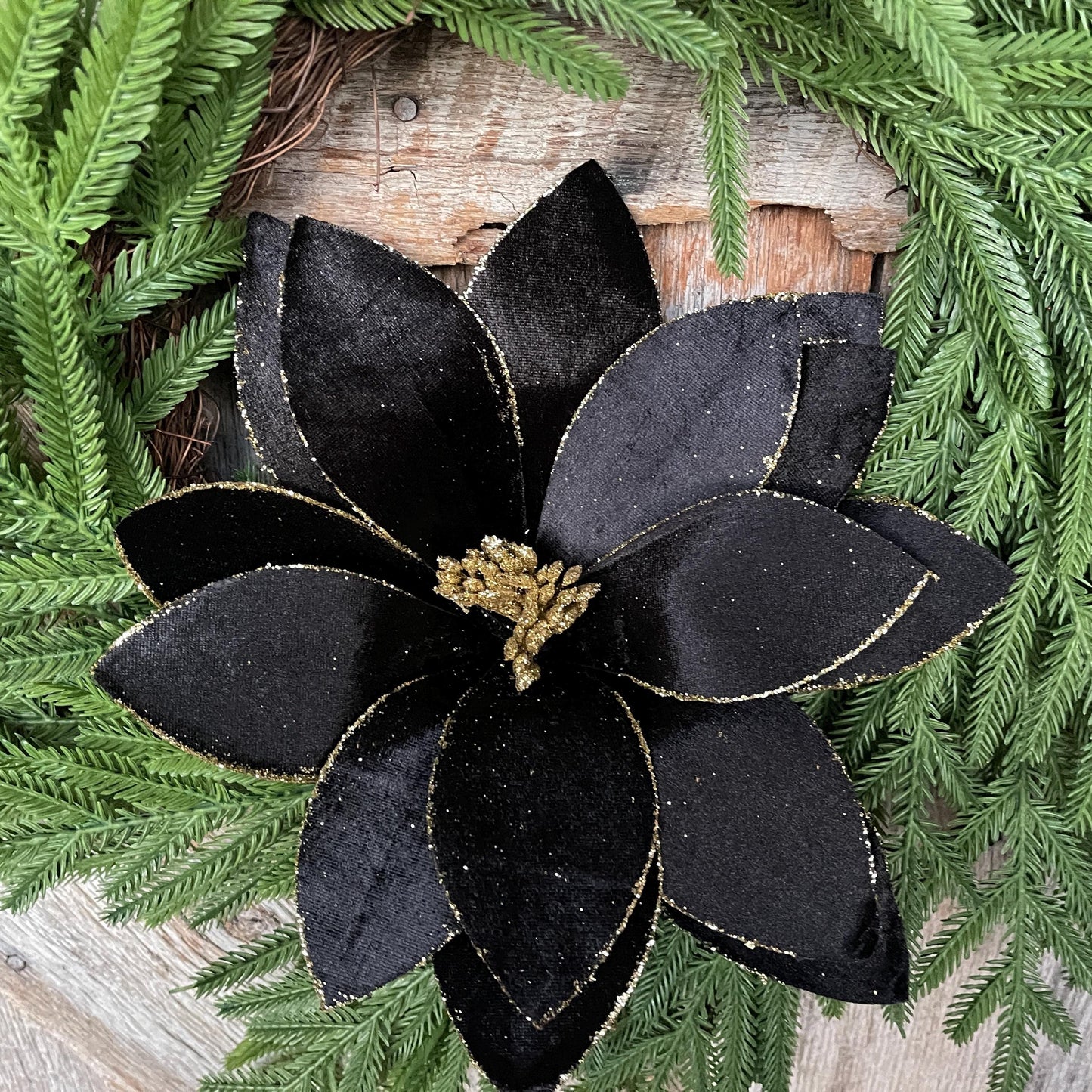 22" Black Velvet Poinsettia Stem, Christmas Floral Stem, Black Florals