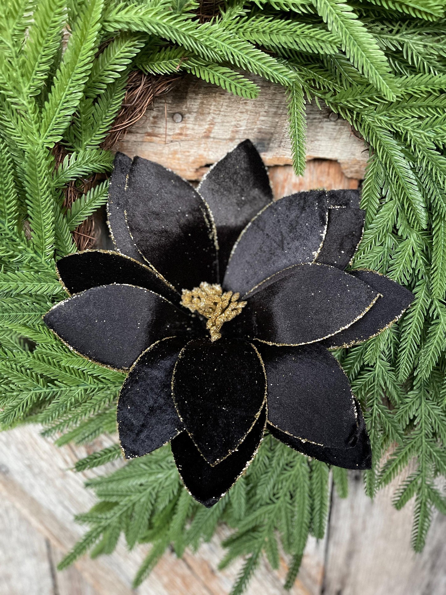22" Black Velvet Poinsettia Stem, Christmas Floral Stem, Black Florals