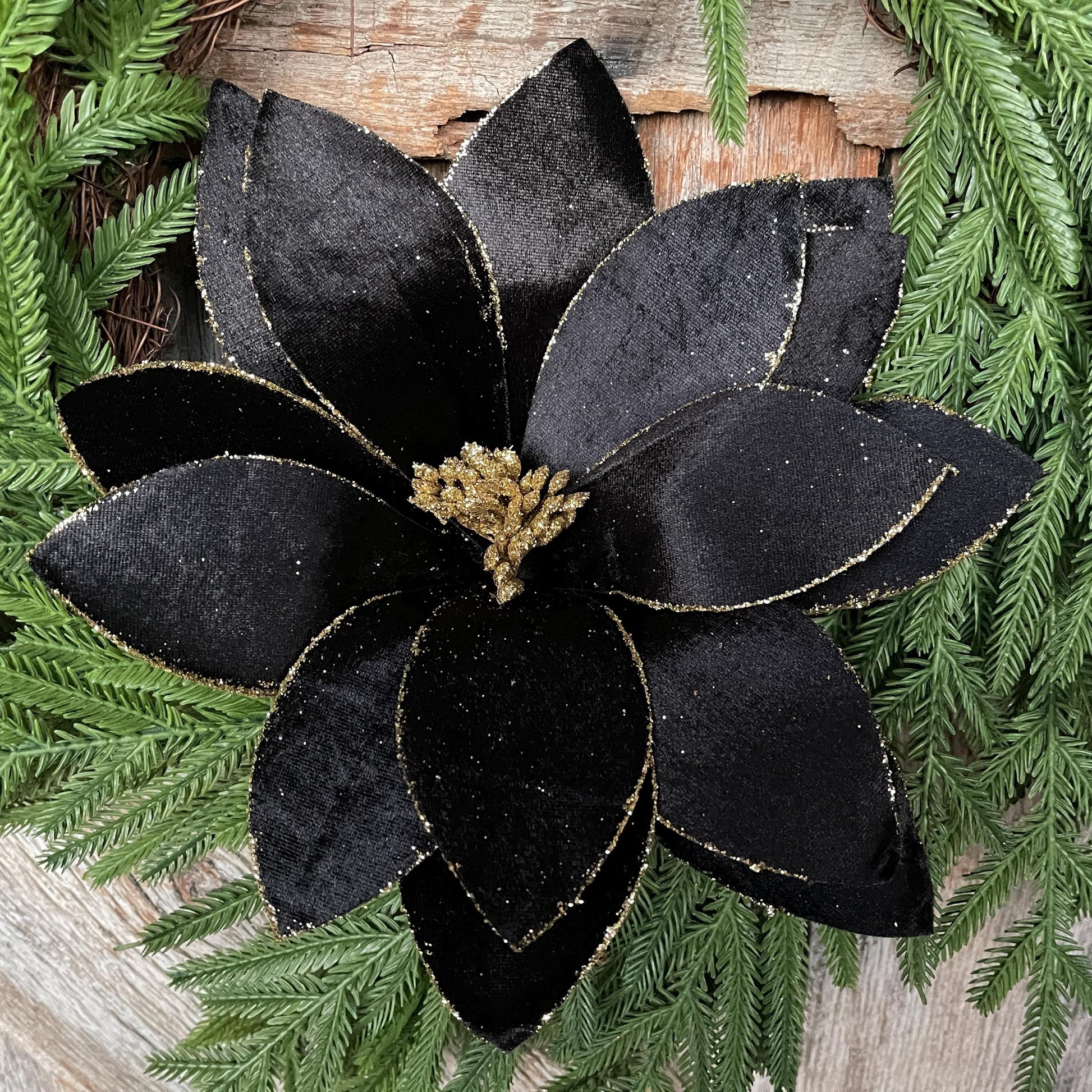 22" Black Velvet Poinsettia Stem, Christmas Floral Stem, Black Florals