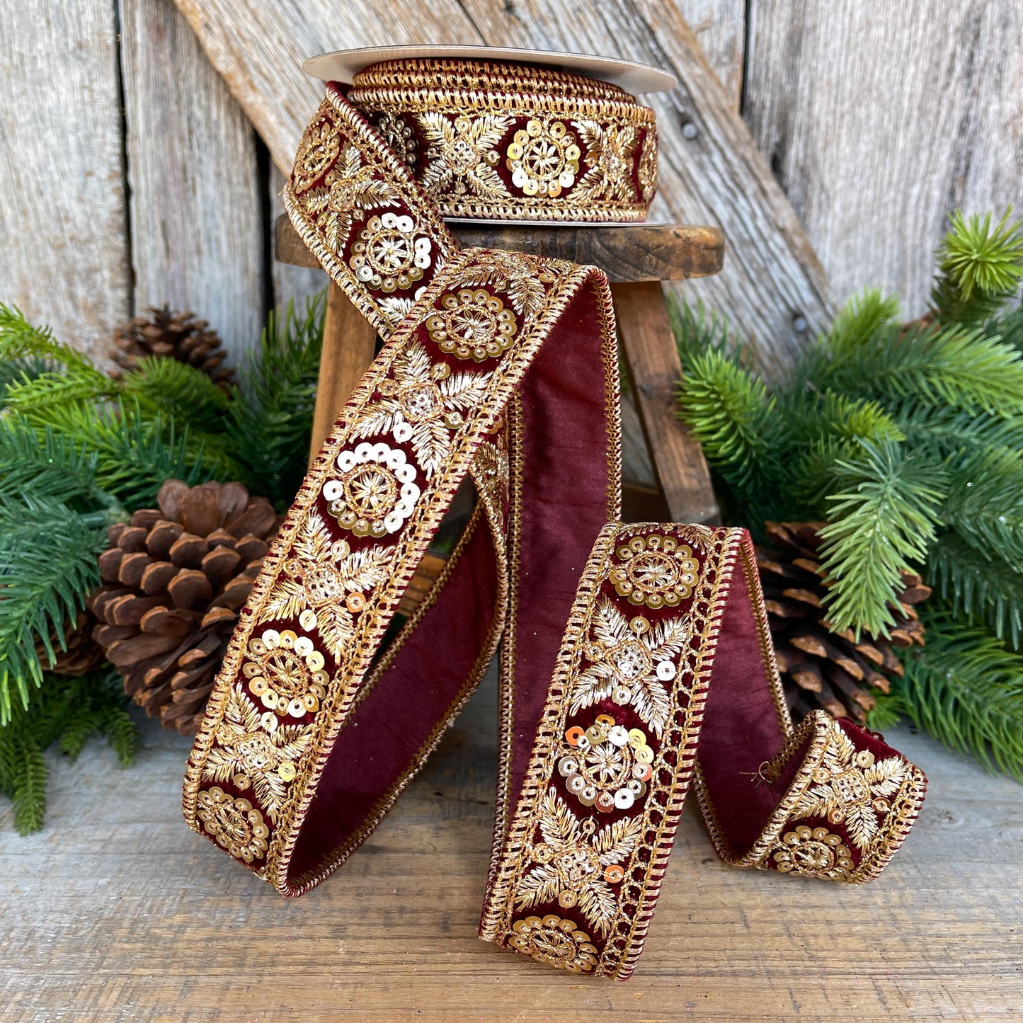 1.5" Burgundy Gold Sequin Ribbon, Christmas Ribbon, Burgundy Ribbon for Tree