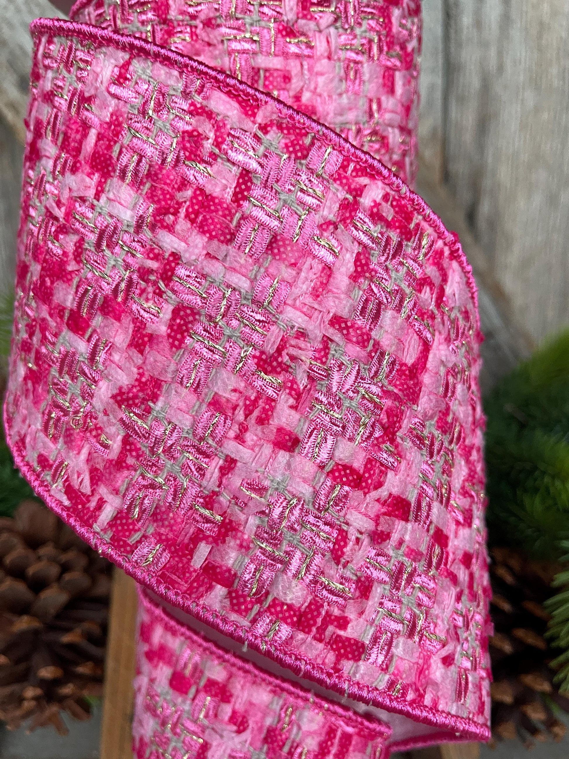 4" Hot Pink Tweed Ribbon, Hot Pink Christmas Ribbon