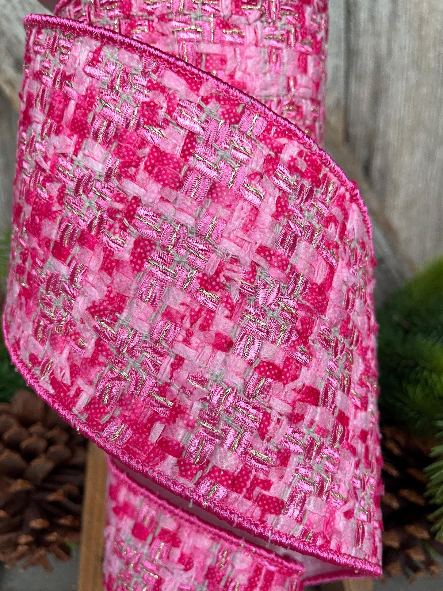 4" Hot Pink Tweed Ribbon, Hot Pink Christmas Ribbon
