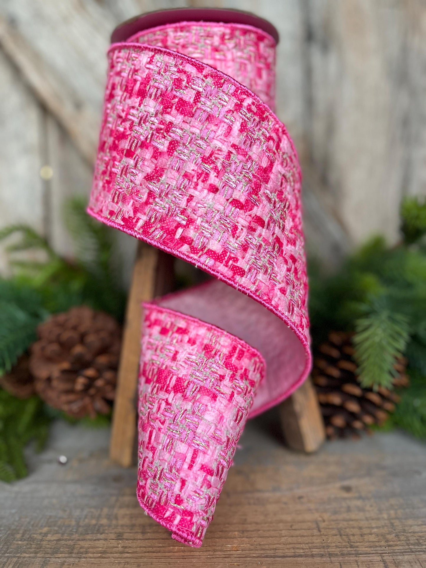 4" Hot Pink Tweed Ribbon, Hot Pink Christmas Ribbon
