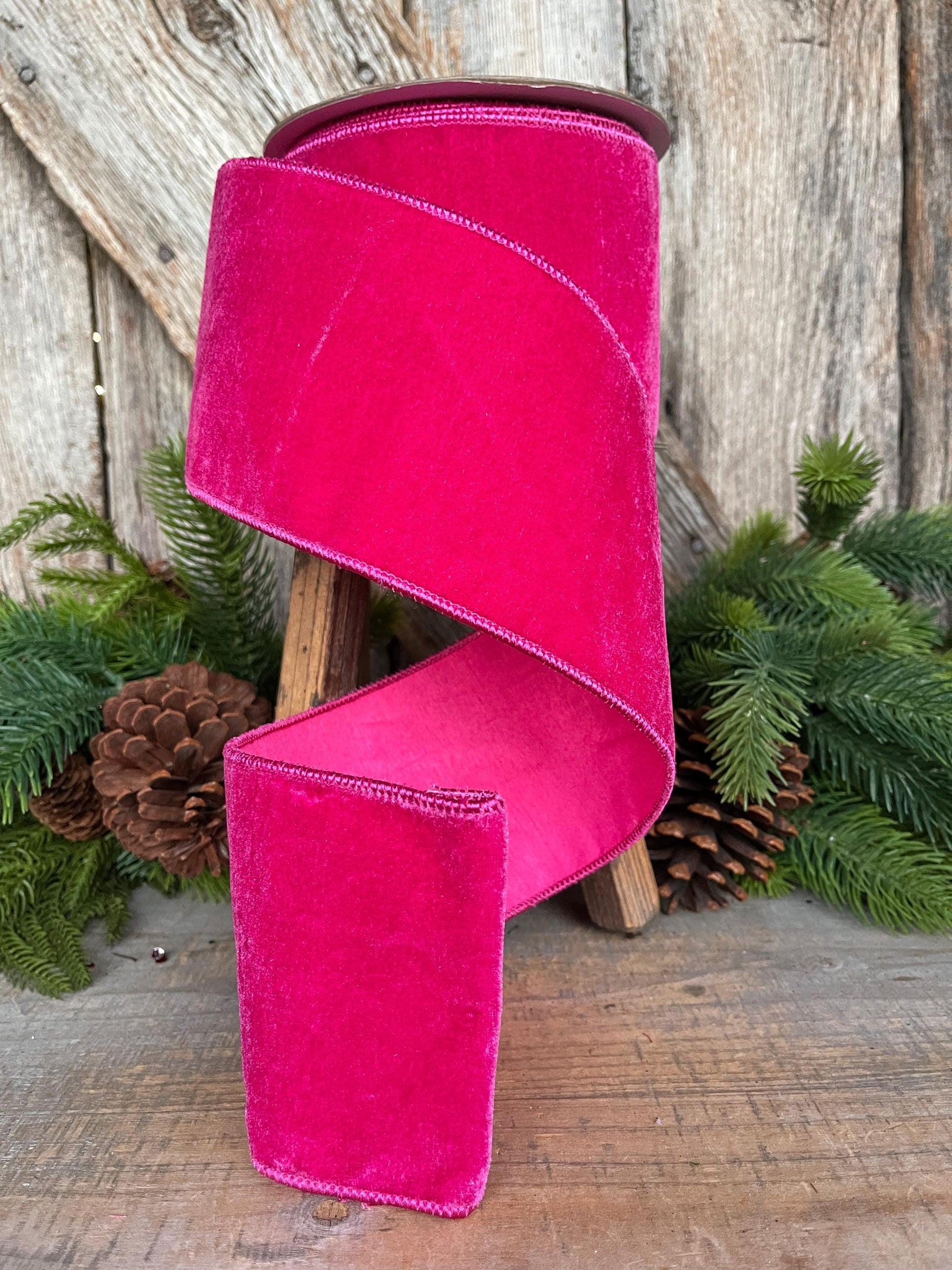 4" Hot Pink Velvet Ribbon, Christmas Ribbon, Hot Pink Ribbon for Christmas Tree