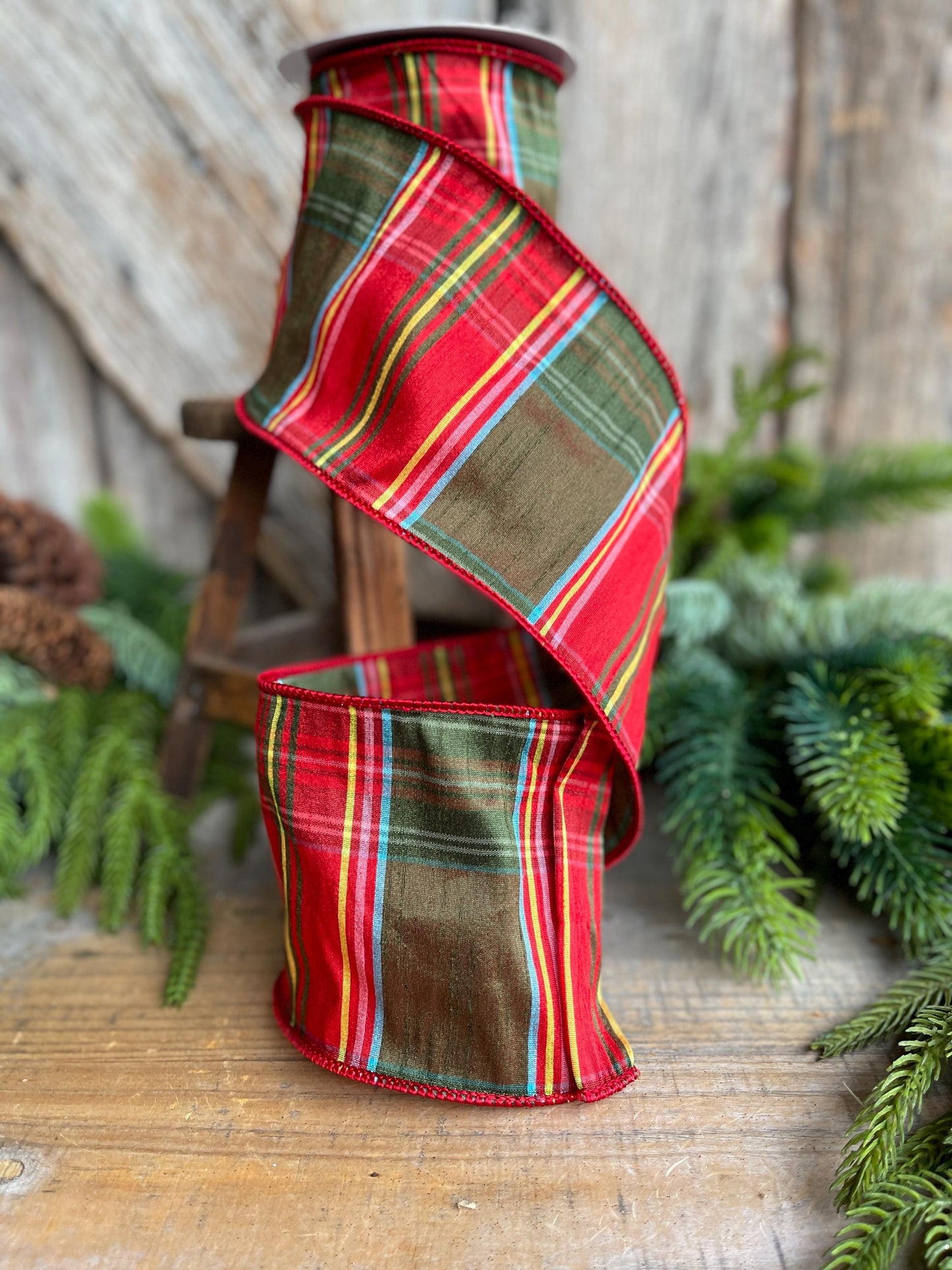 4" Traditional CHristmas Plaid, Wired Ribbon, Red Green Chirstmas Plaid RIbbon, RIbbon for Treee, Christmas Plaid