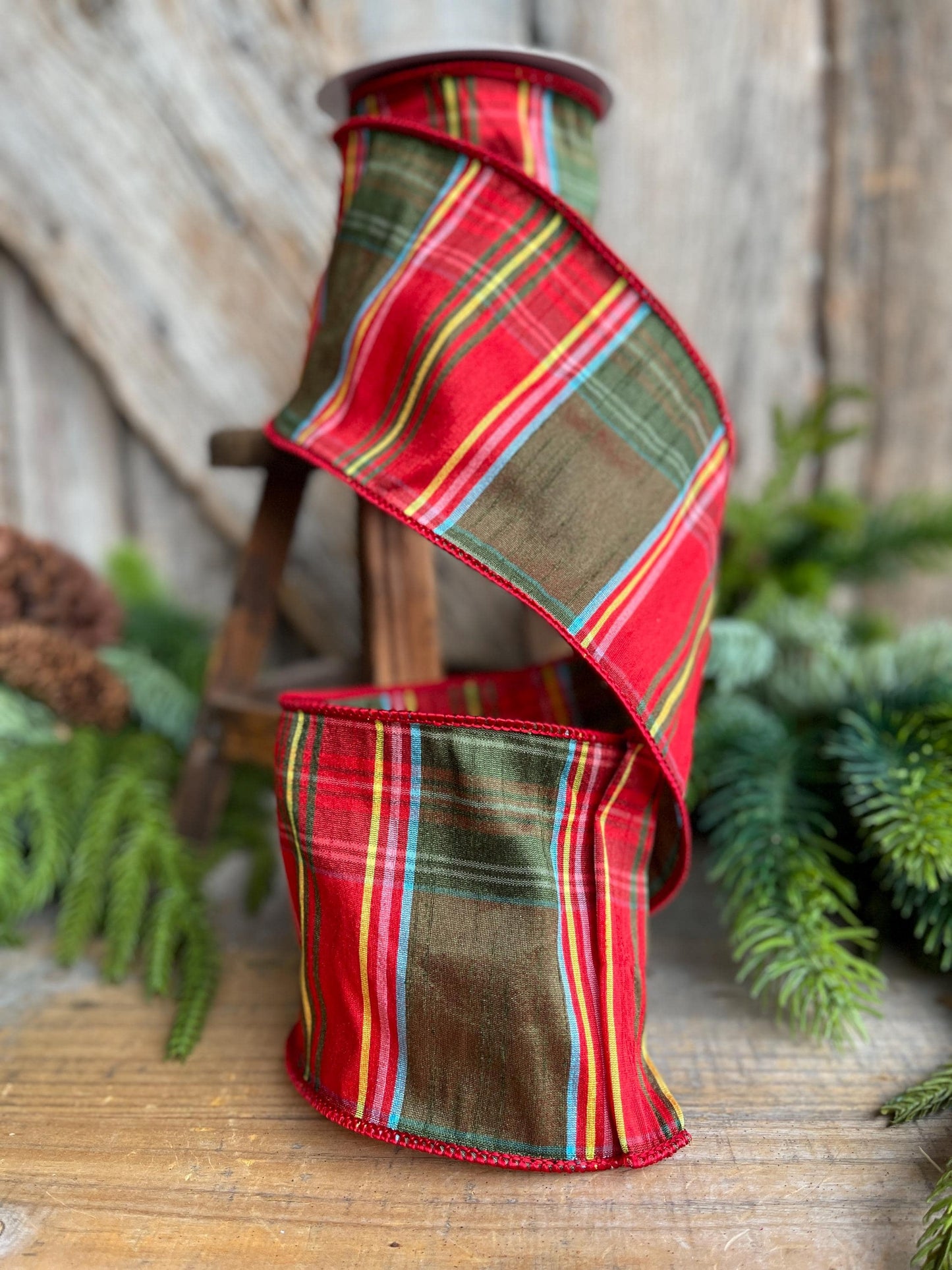 4" Traditional CHristmas Plaid, Wired Ribbon, Red Green Chirstmas Plaid RIbbon, RIbbon for Treee, Christmas Plaid