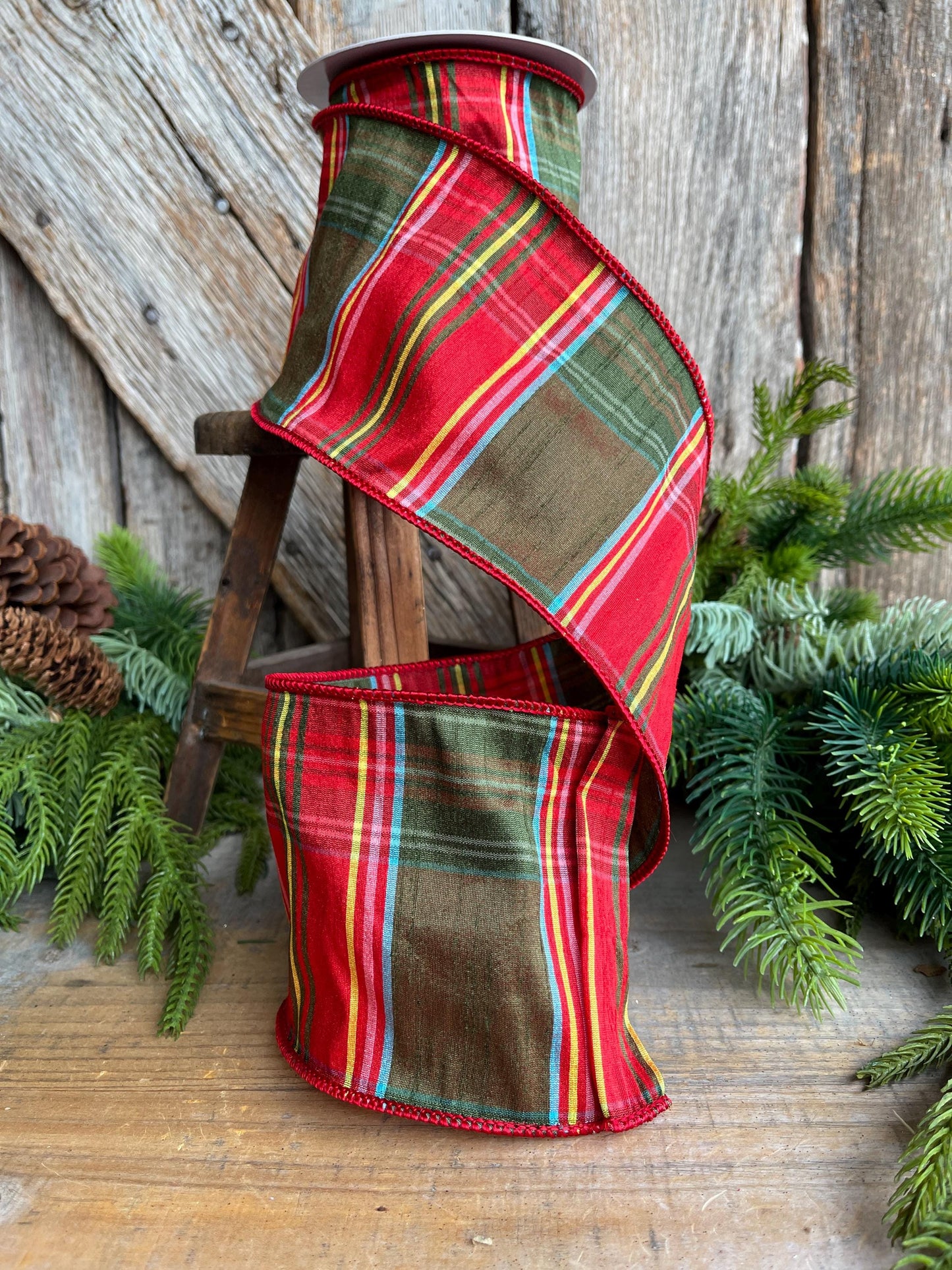4" Traditional CHristmas Plaid, Wired Ribbon, Red Green Chirstmas Plaid RIbbon, RIbbon for Treee, Christmas Plaid