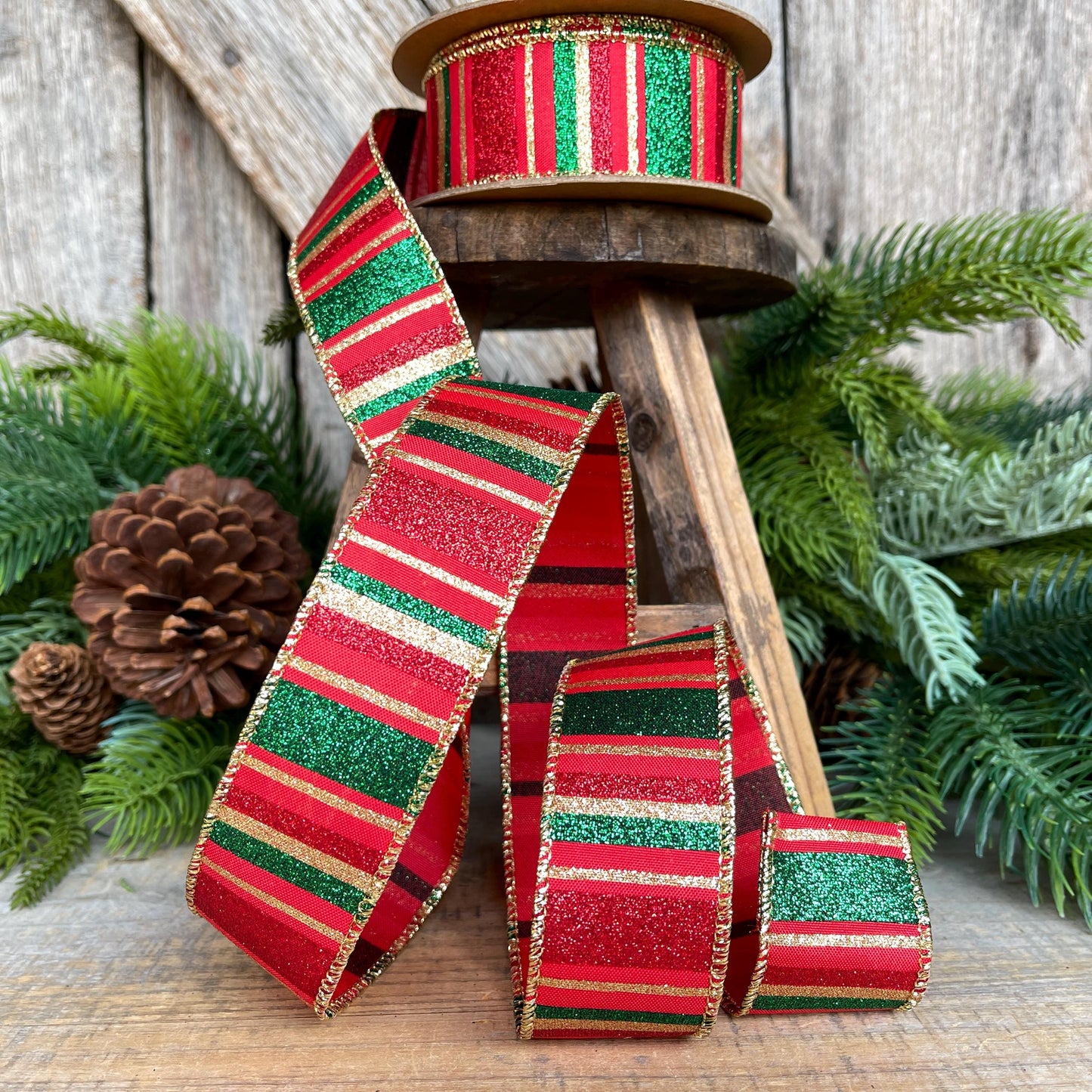1.5" Red Green Gold Christmas Ribbon, Christmas Ribbon, 1.5" x 10 Yards