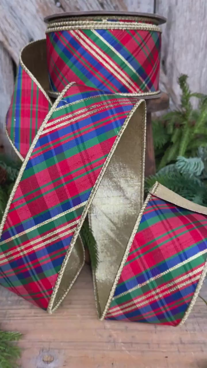 2.5" Christmas Plaid Ribbon, Red Blue Plaid Ribbon, Tartan Plaid Ribbon