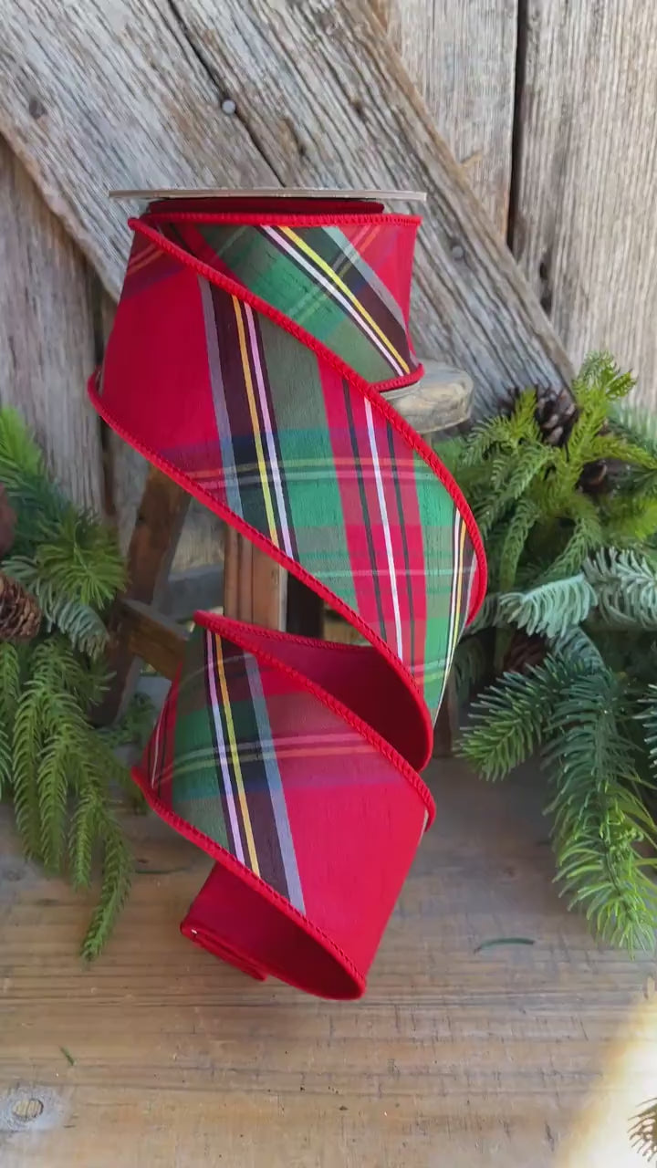 2.5" Traditional CHristmas Plaid, Wired Ribbon, Red Blue Chirstmas Plaid RIbbon