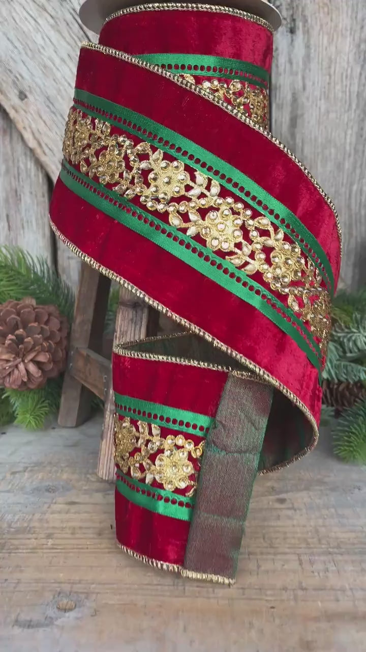 4" Red Embellished Velvet Ribbon, Luxury Christmas Ribbon