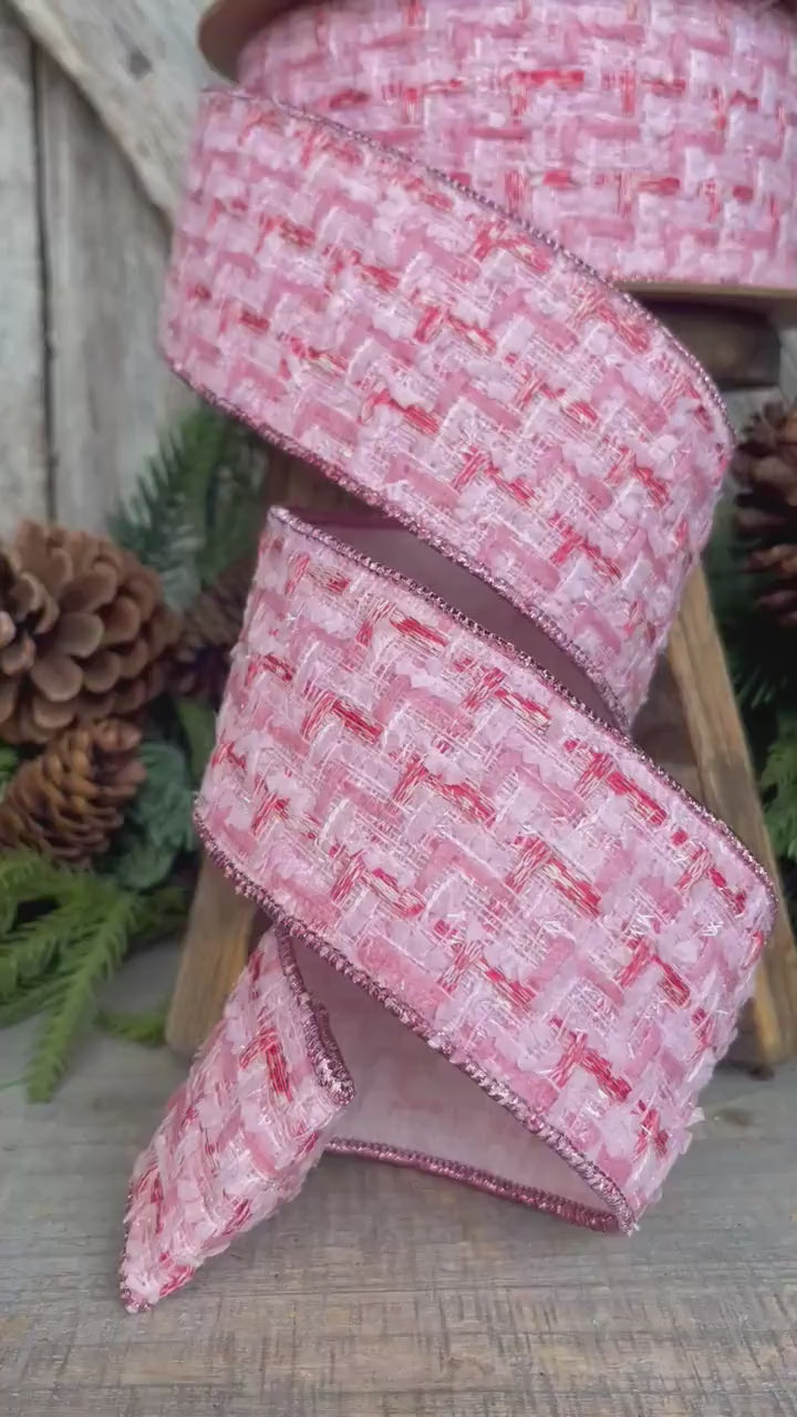 2.5" Pink Tweed Ribbon, Pink Christmas Ribbon, Designer Ribbon