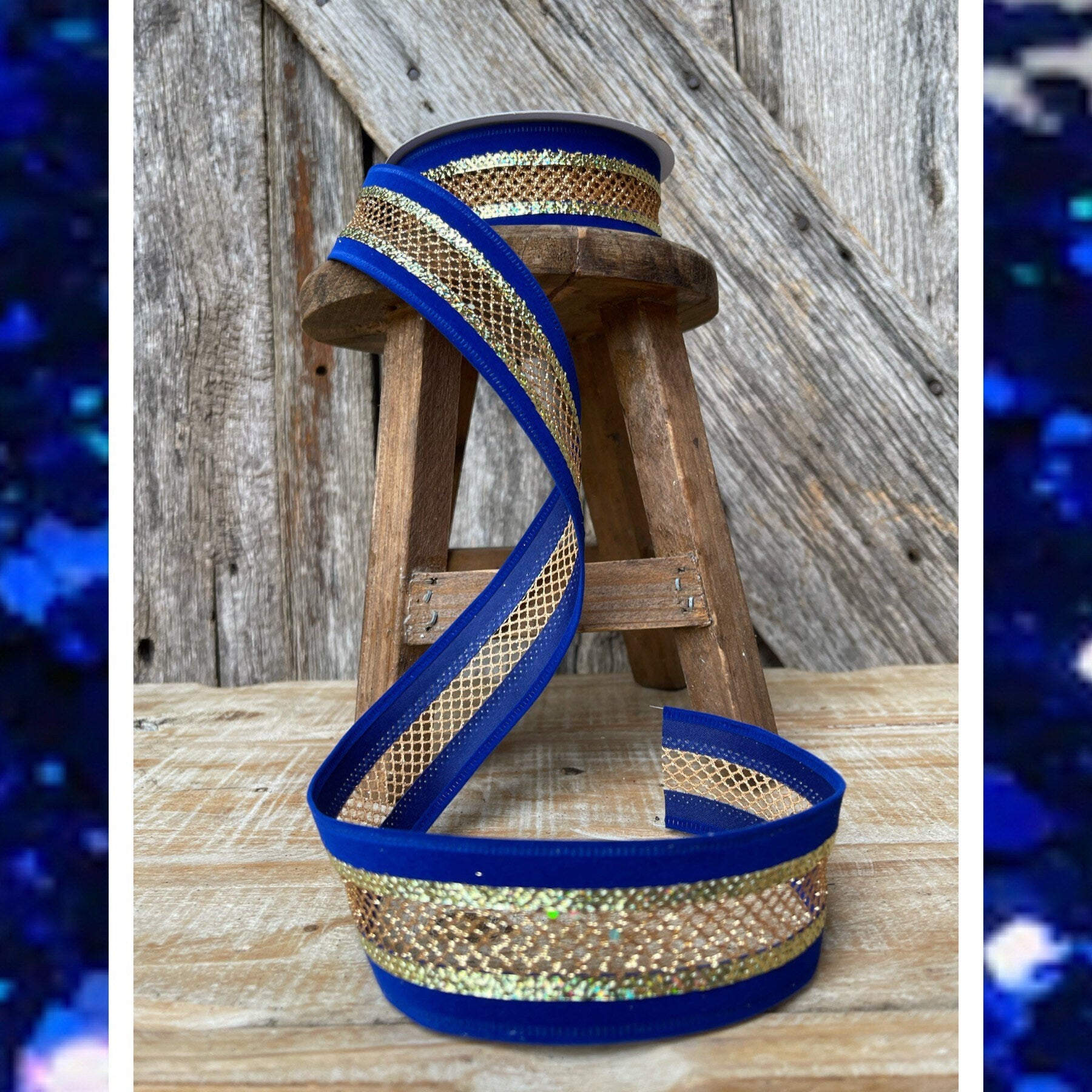 Blue ribbon, blue gold ribbon, Christmas ribbon