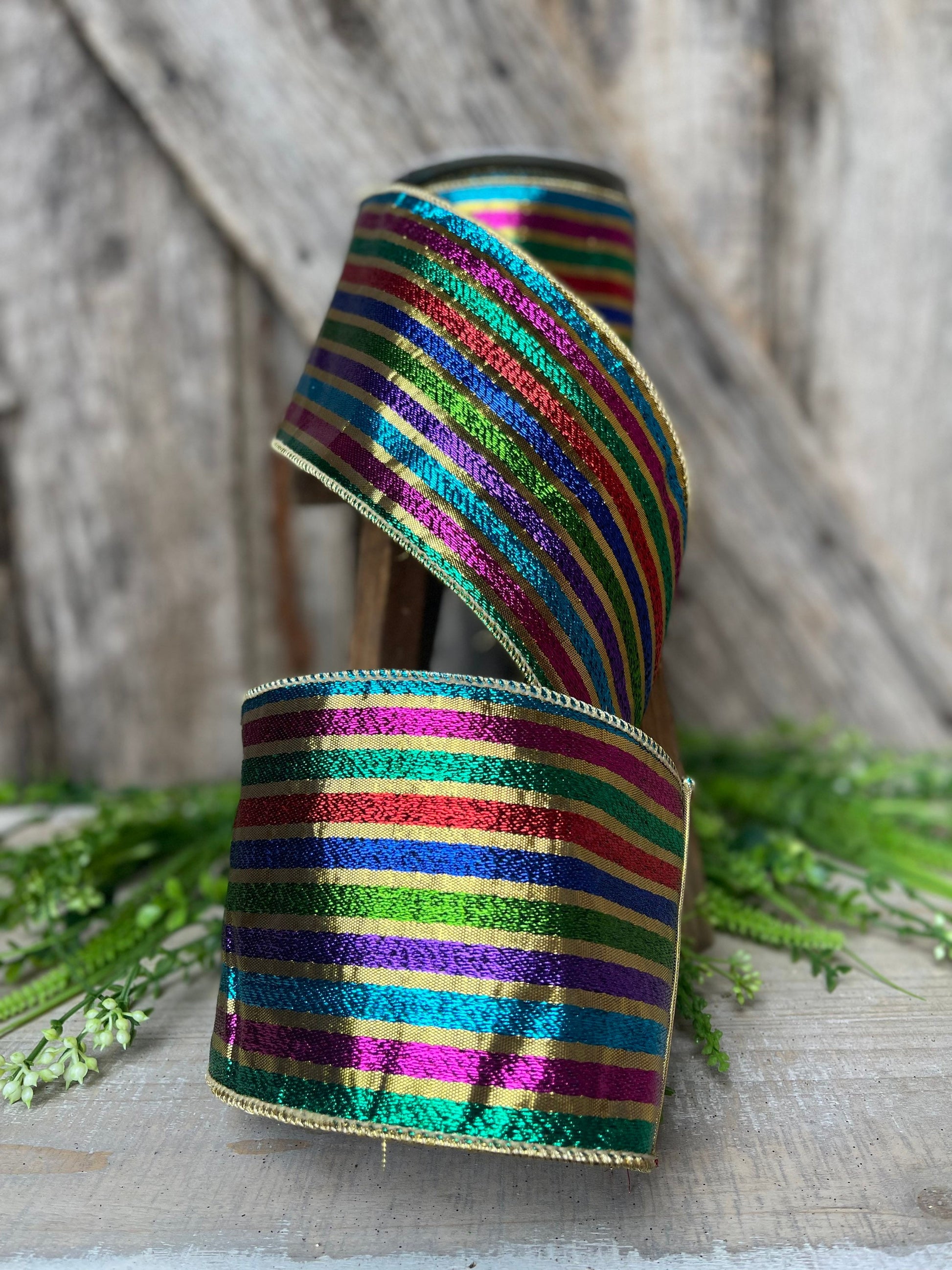 4” jewel tone stripe ribbon, colorful ribbon, wired ribbon