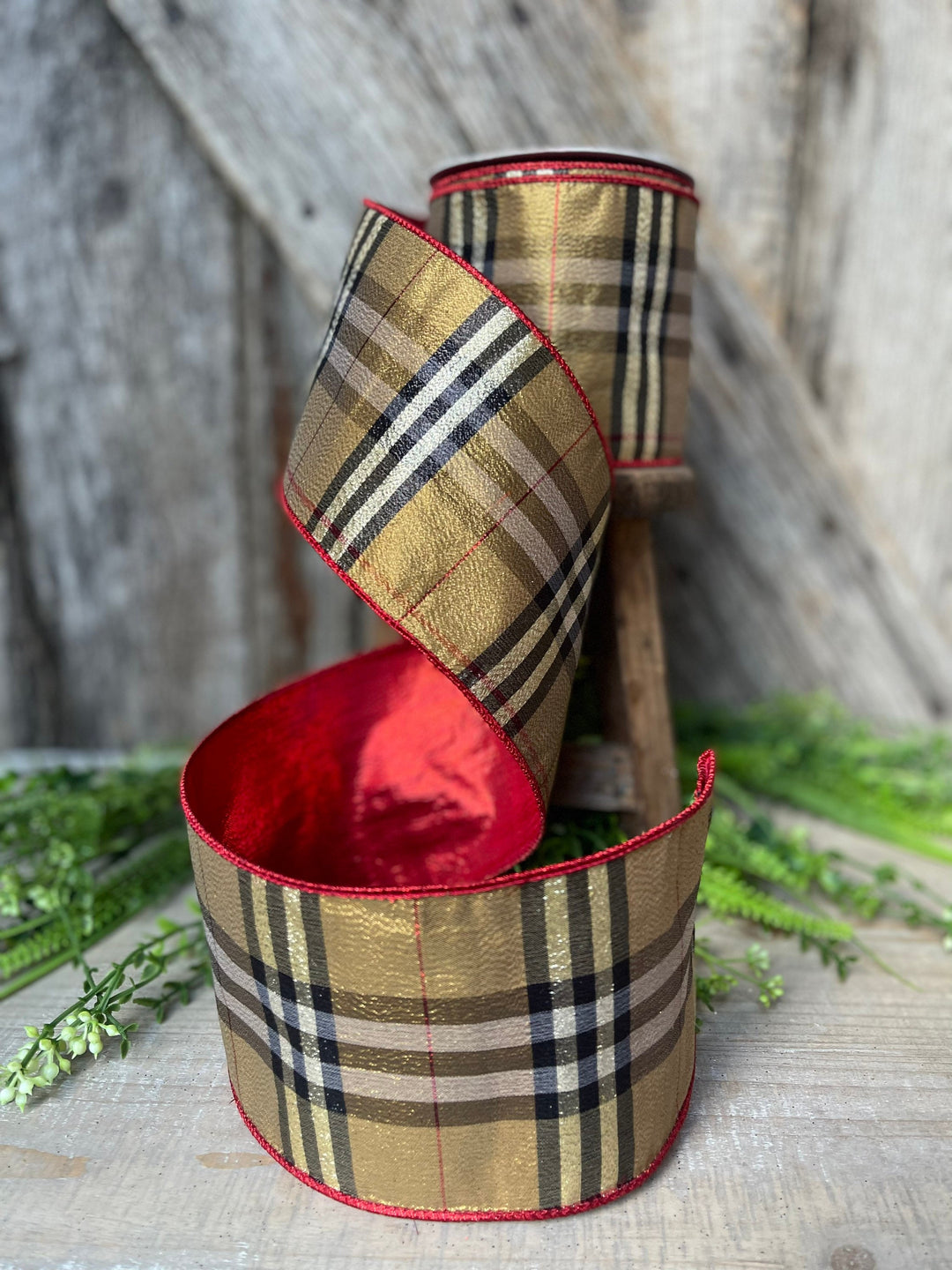 4” Brown Black Red holiday plaid, Christmas ribbon, 10 yards