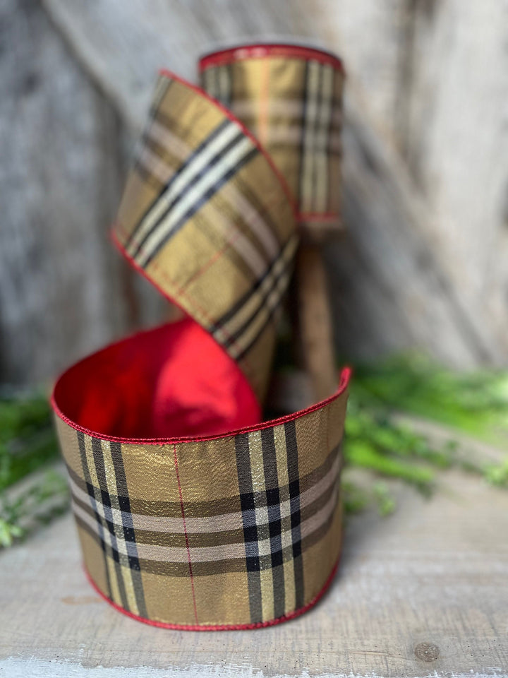 4” Brown Black Red holiday plaid, Christmas ribbon, 10 yards