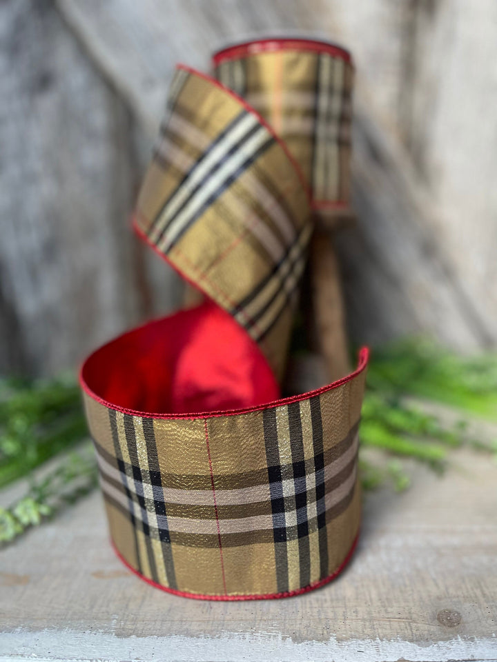 4” Brown Black Red holiday plaid, Christmas ribbon, 10 yards