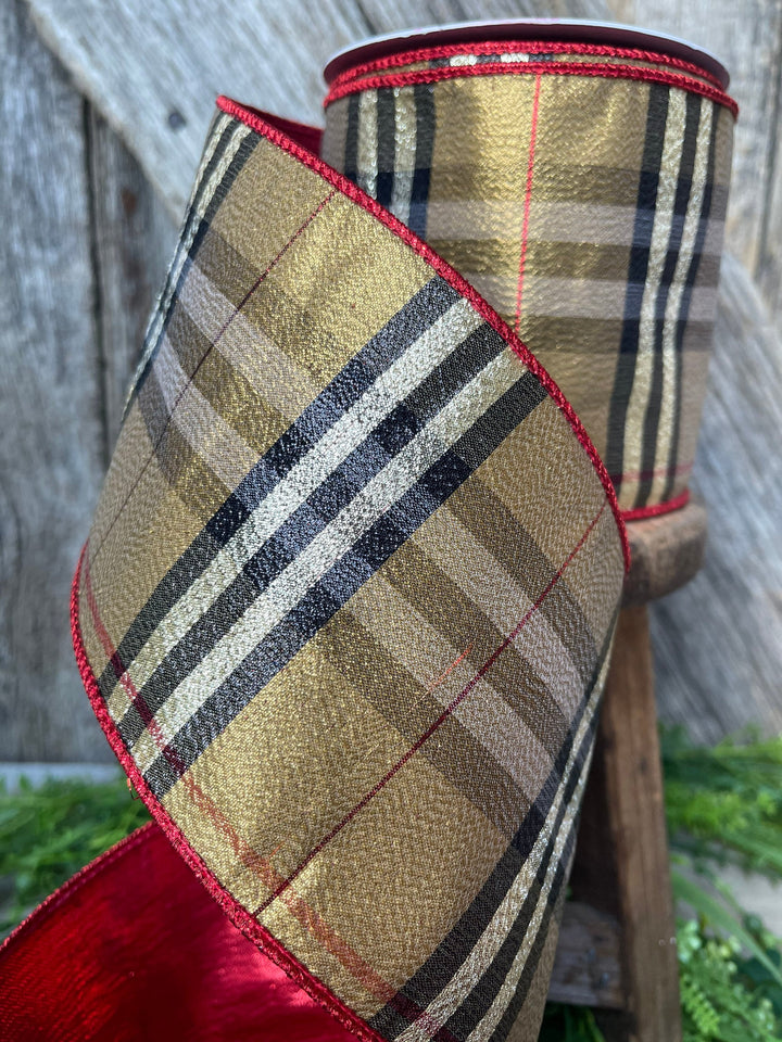 4” Brown Black Red holiday plaid, Christmas ribbon, 10 yards