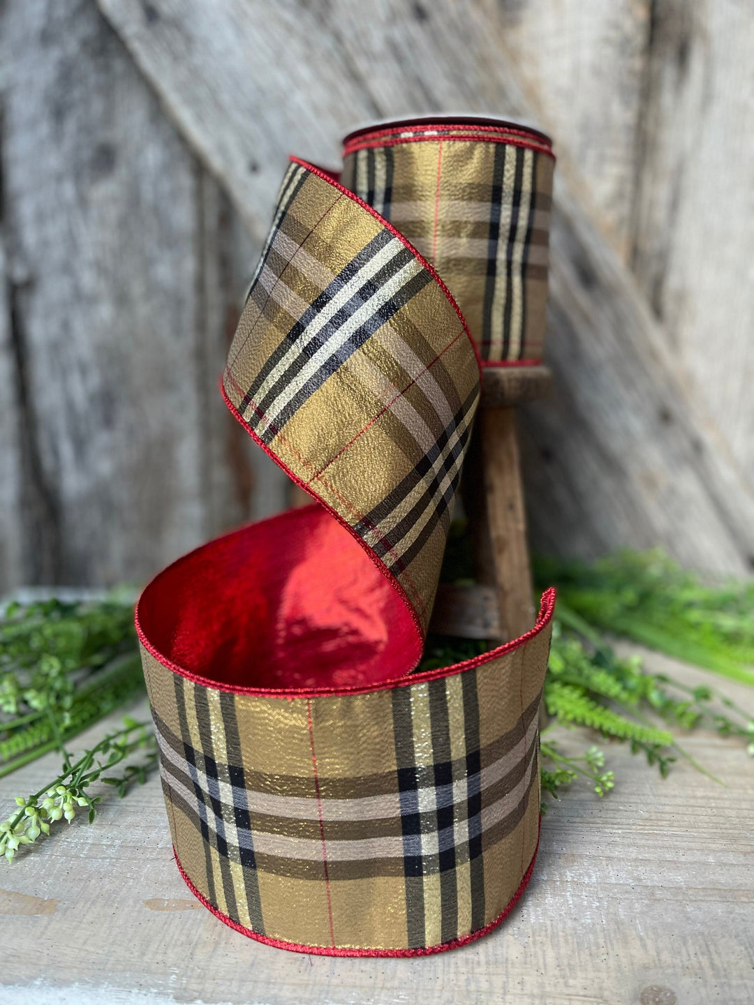 4” Brown Black Red holiday plaid, Christmas ribbon, 10 yards