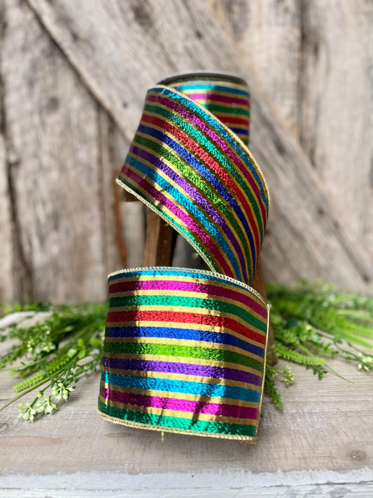4” jewel tone stripe ribbon, colorful ribbon, wired ribbon